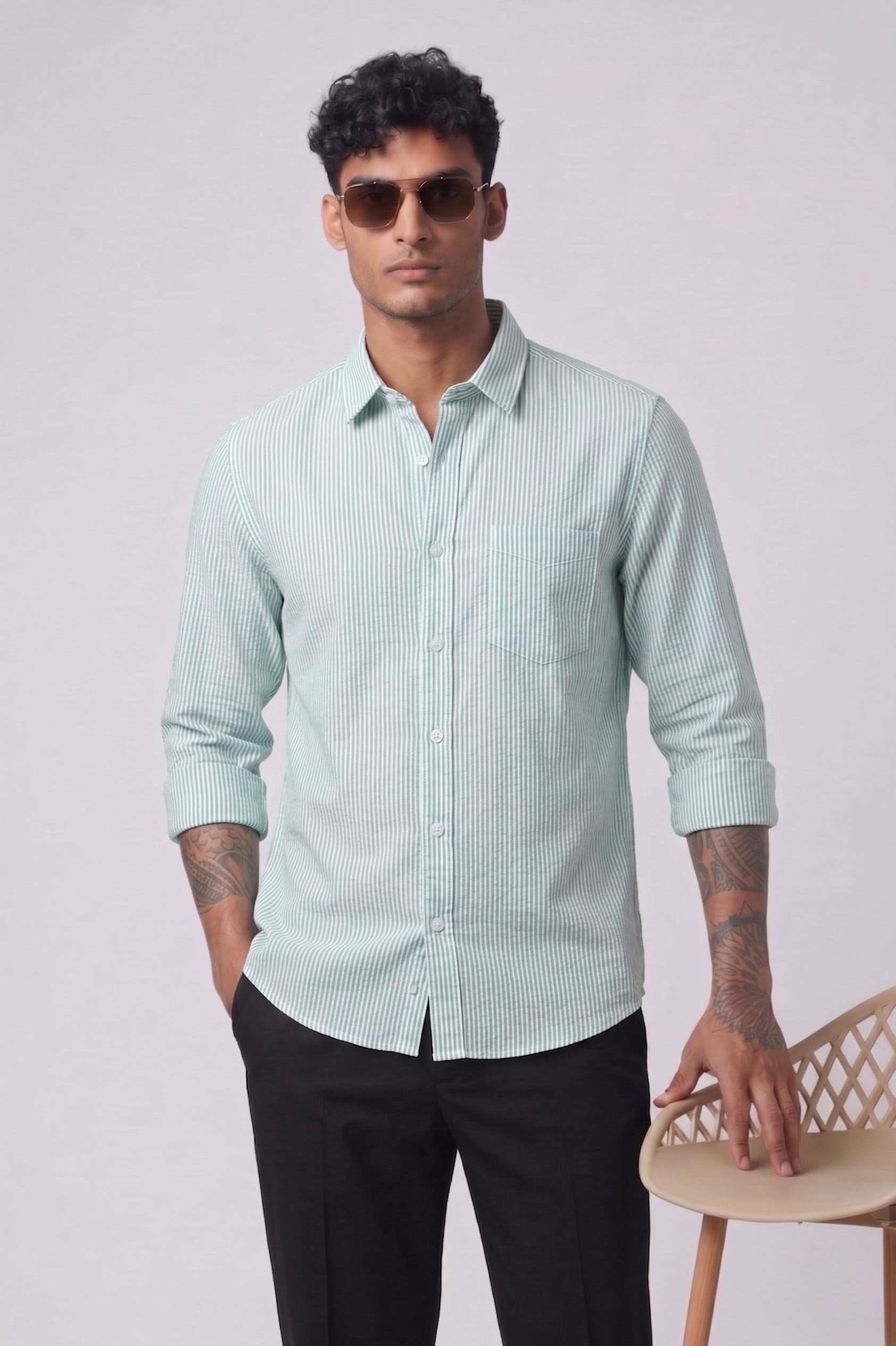 Threaded Fossil Green Micro Stripe Cotton Shirt