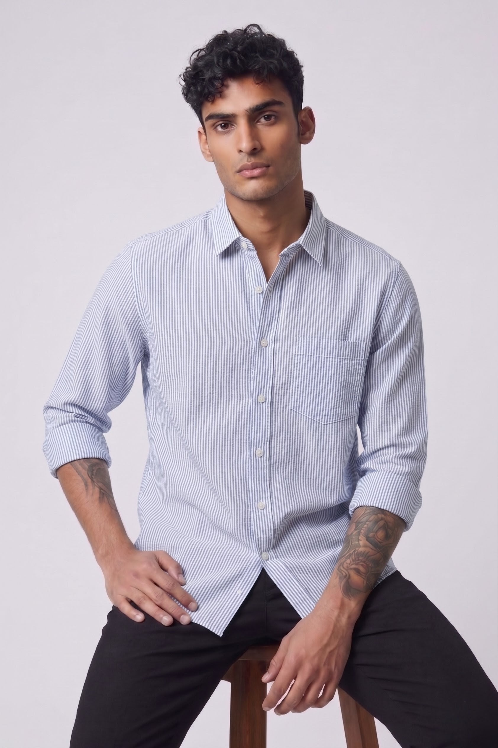 Threaded Ice Blue Stripe Cotton Shirt