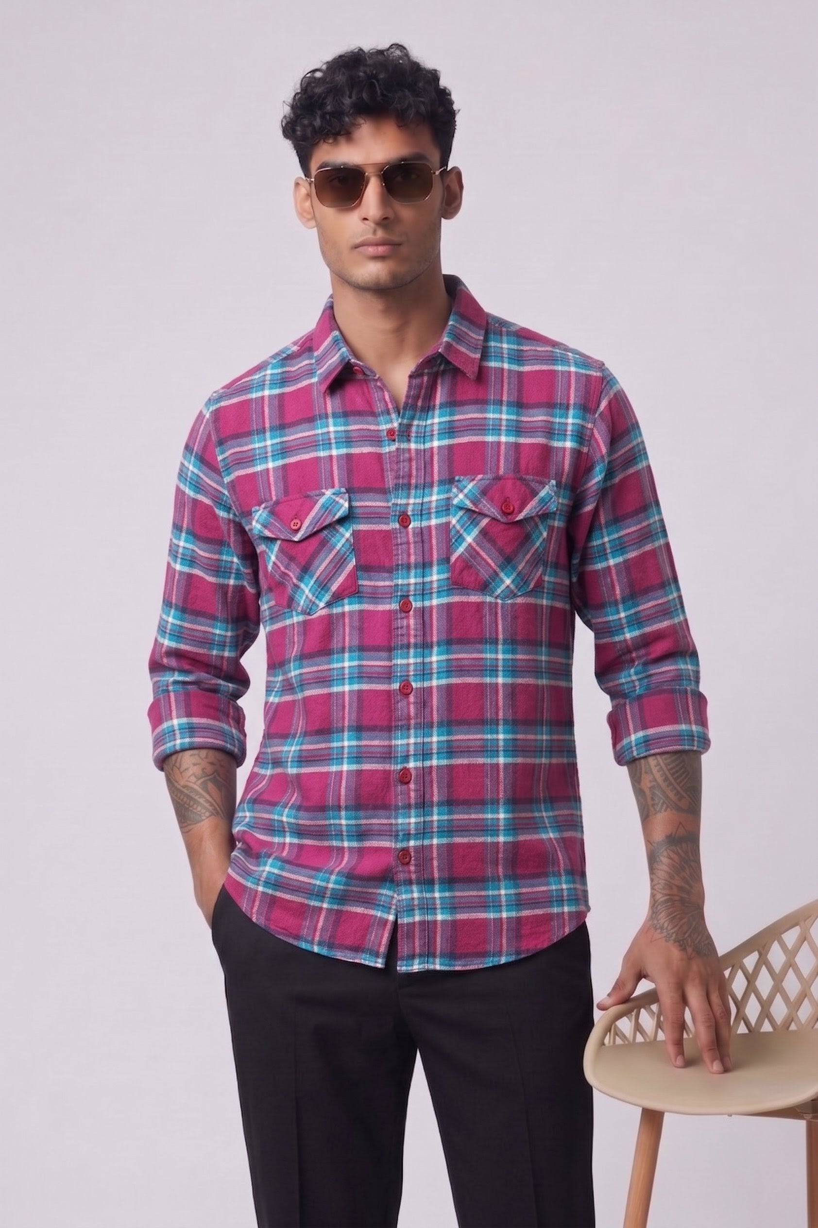 Threaded Pink Multi Check Double Pocket Shirt