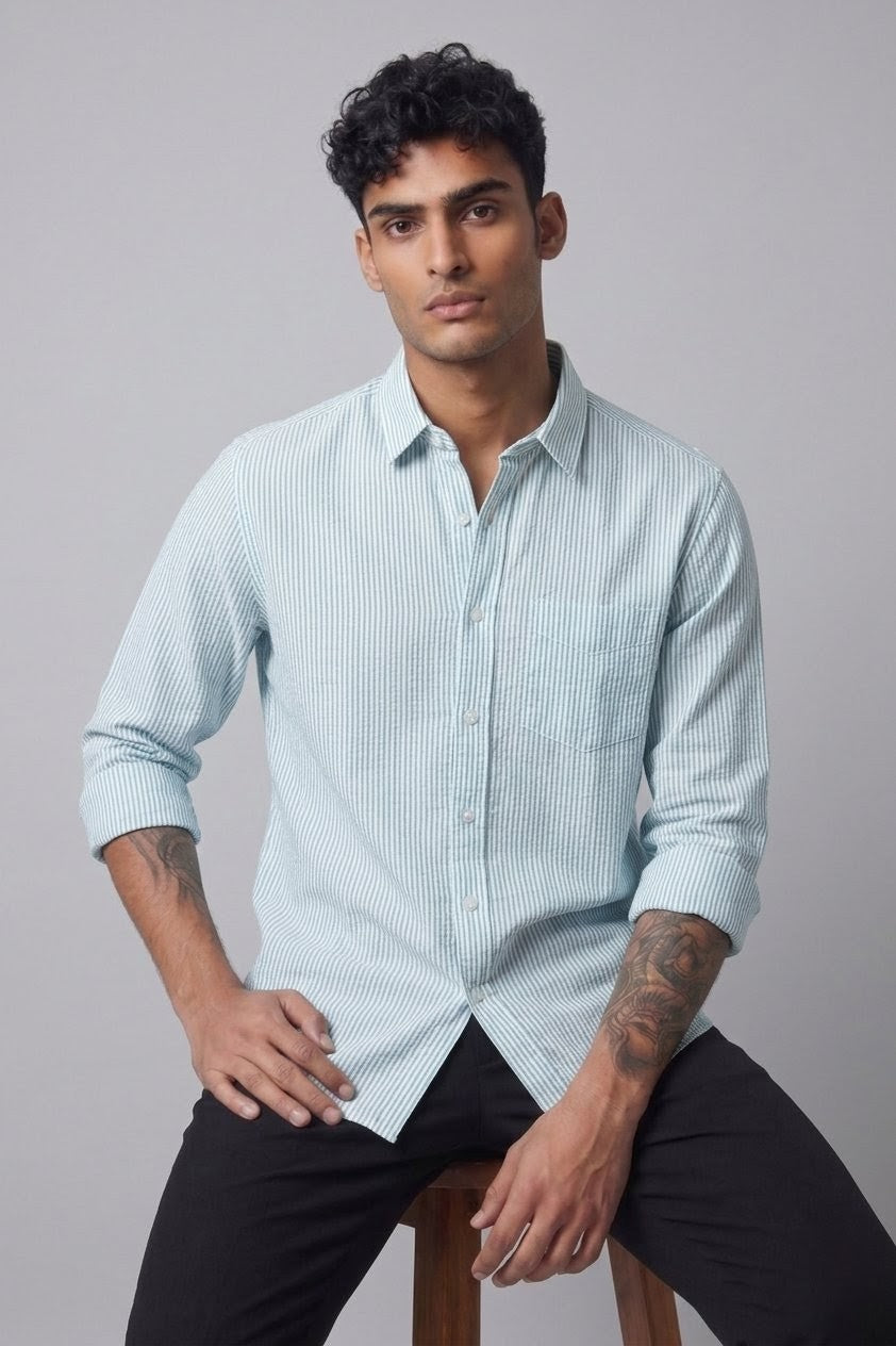 Threaded Fossil Green Micro Stripe Cotton Shirt