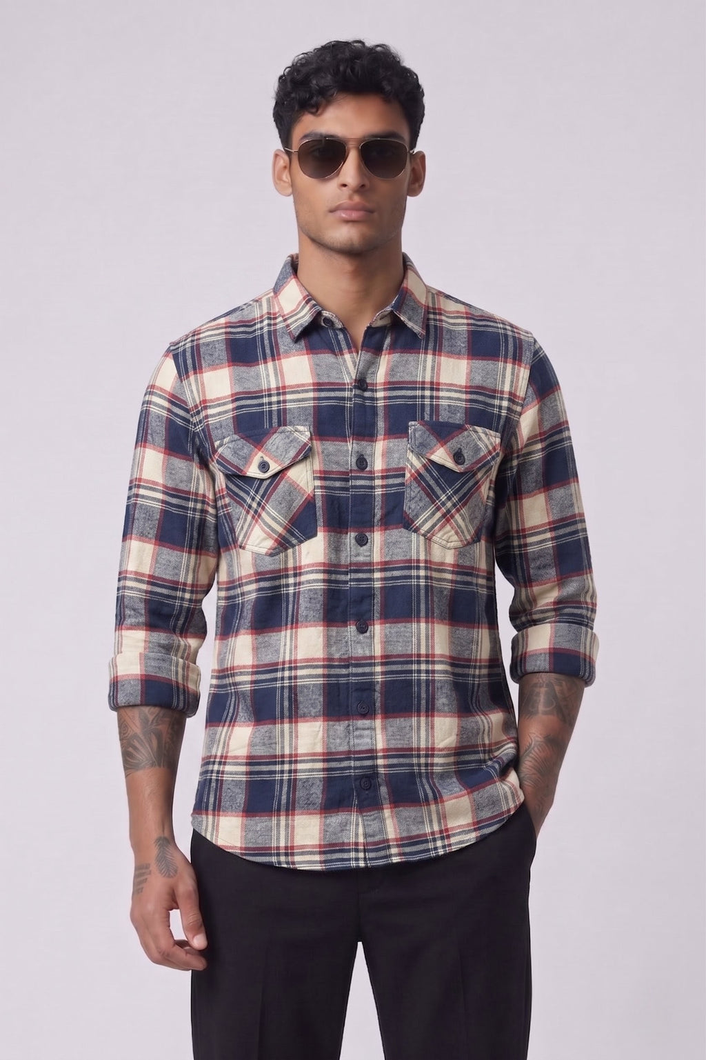 Threaded Navy Check Double Pocket Shirt