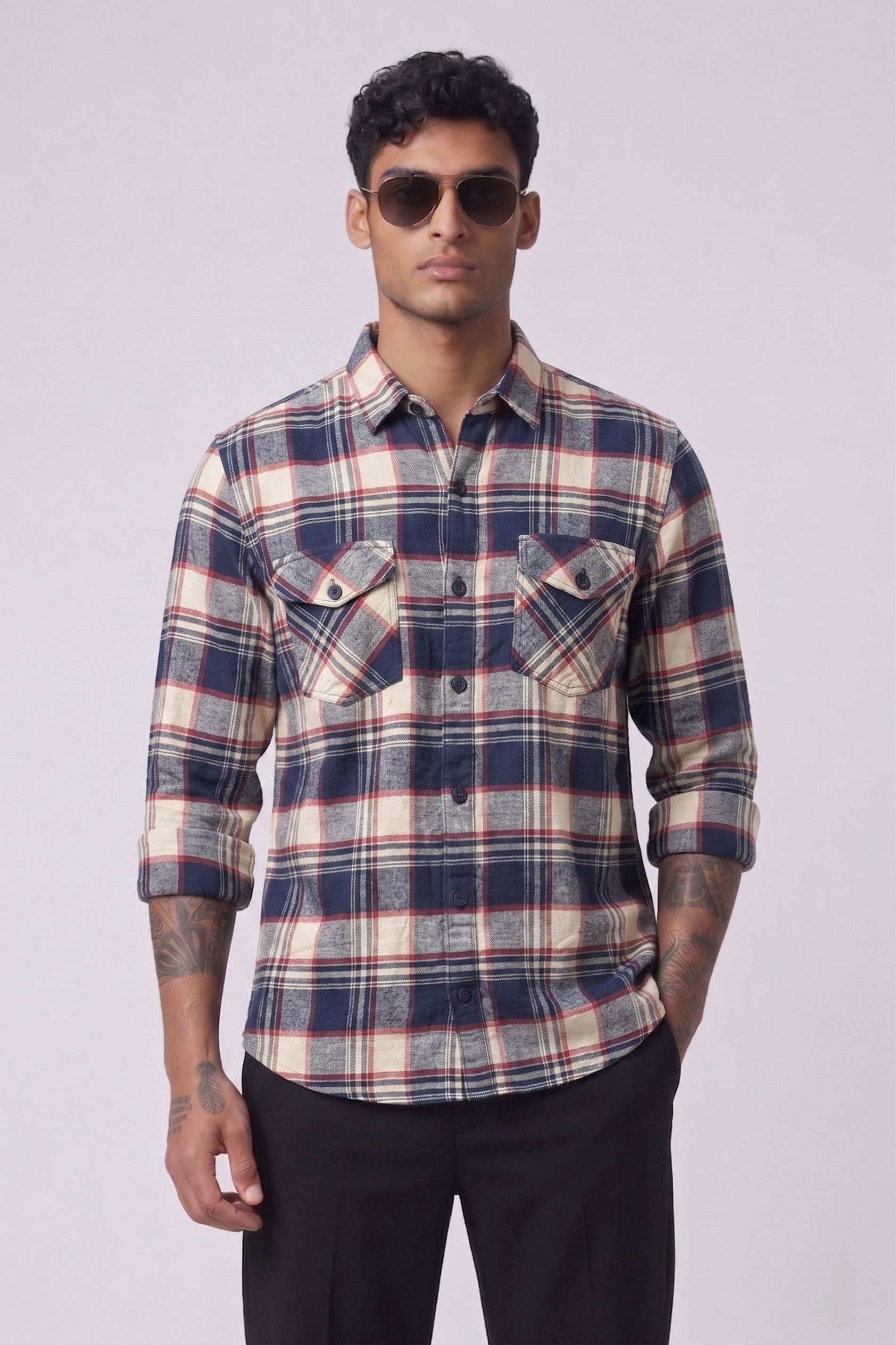Threaded Navy Check Double Pocket Shirt