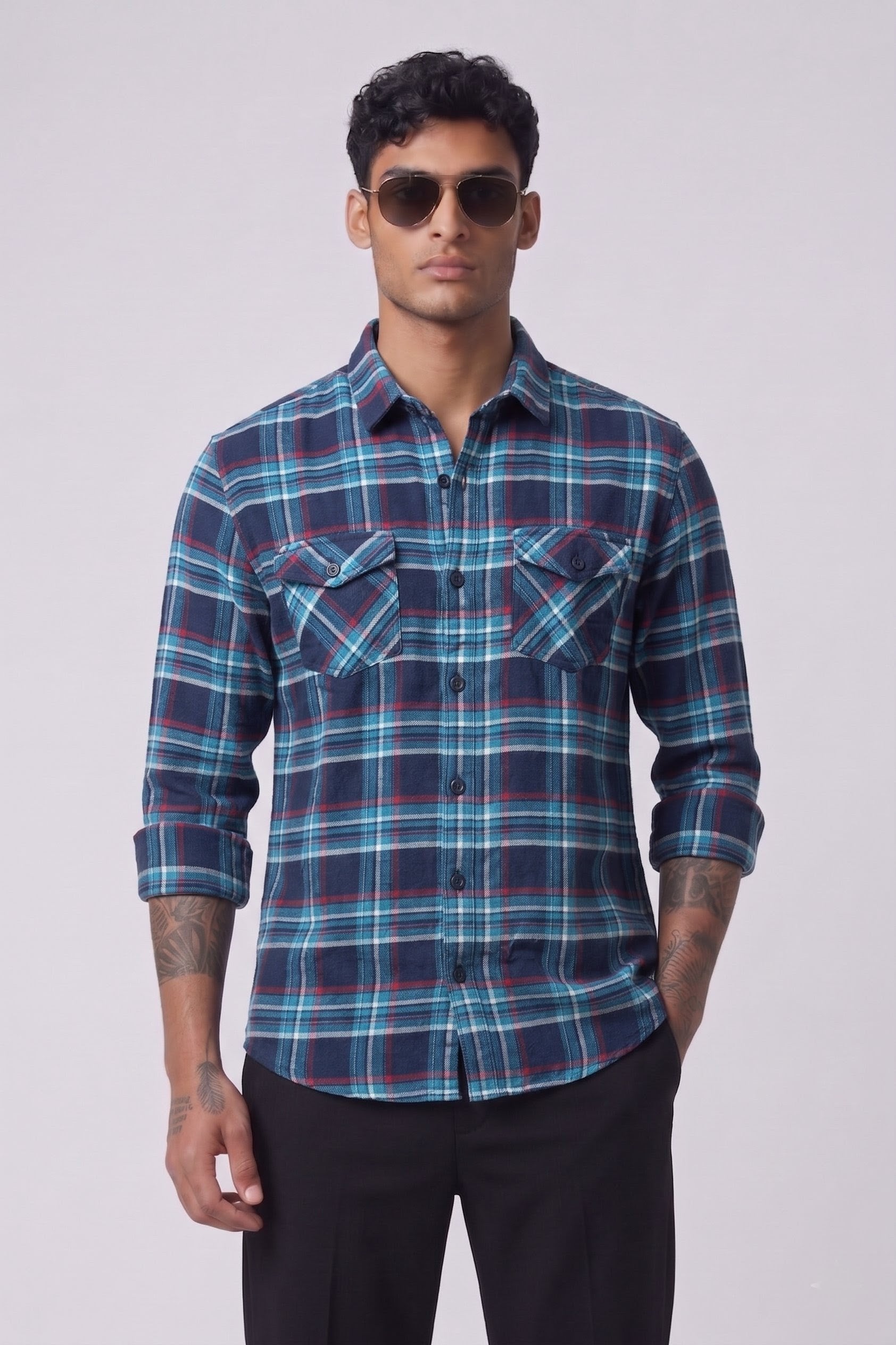 Threaded Teal Navy Check Double Pocket Shirt