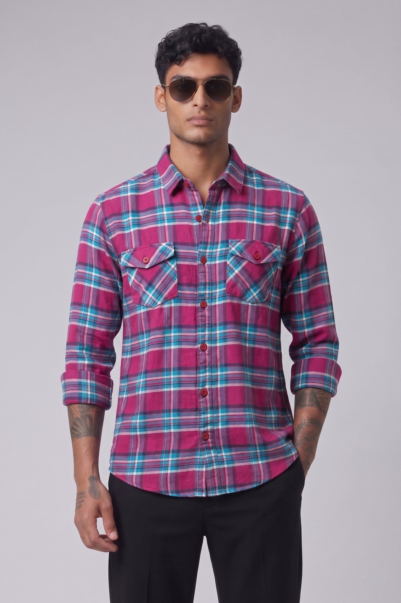 Threaded Pink Multi Check Double Pocket Shirt