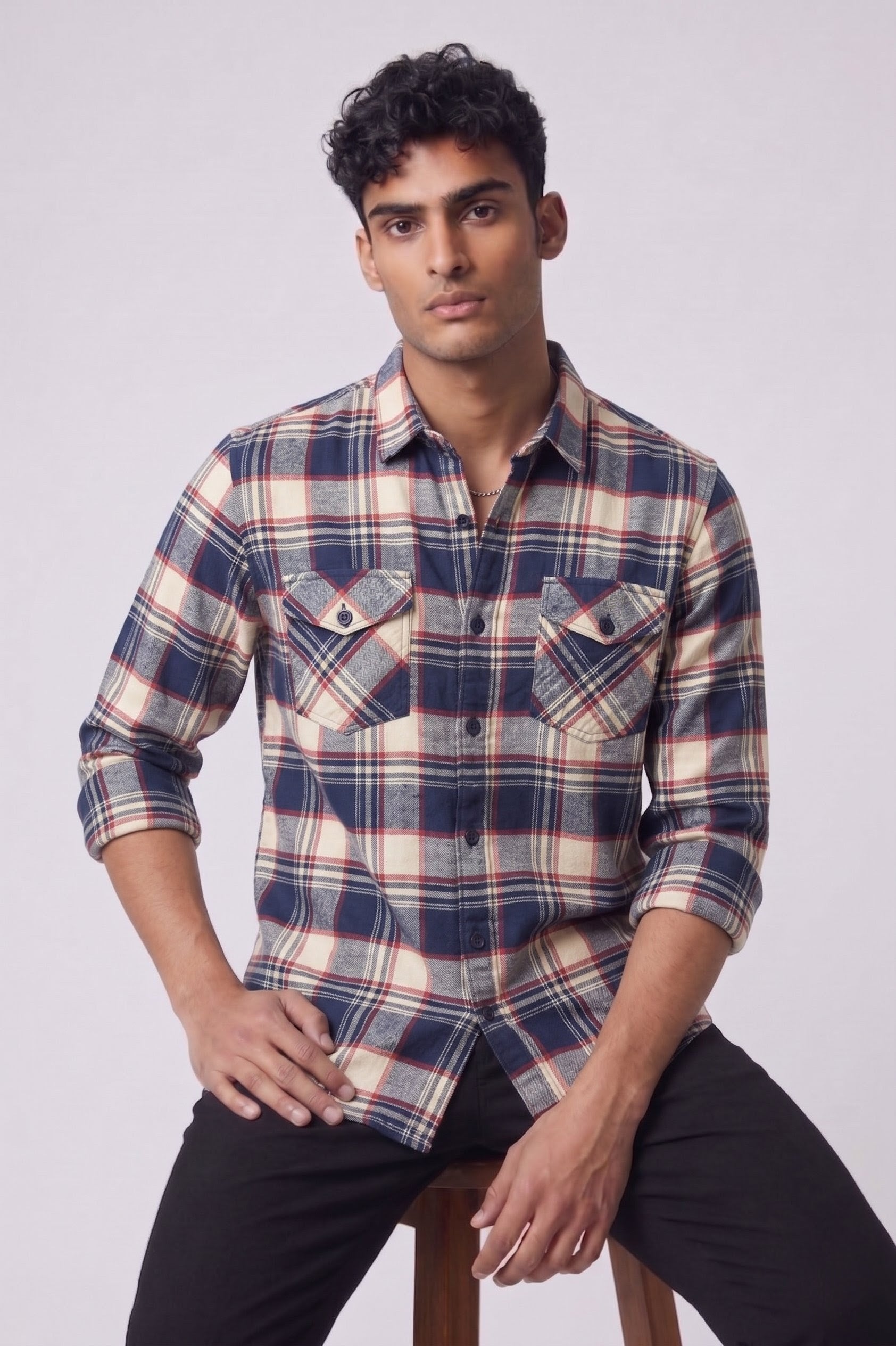 Threaded Navy Check Double Pocket Shirt
