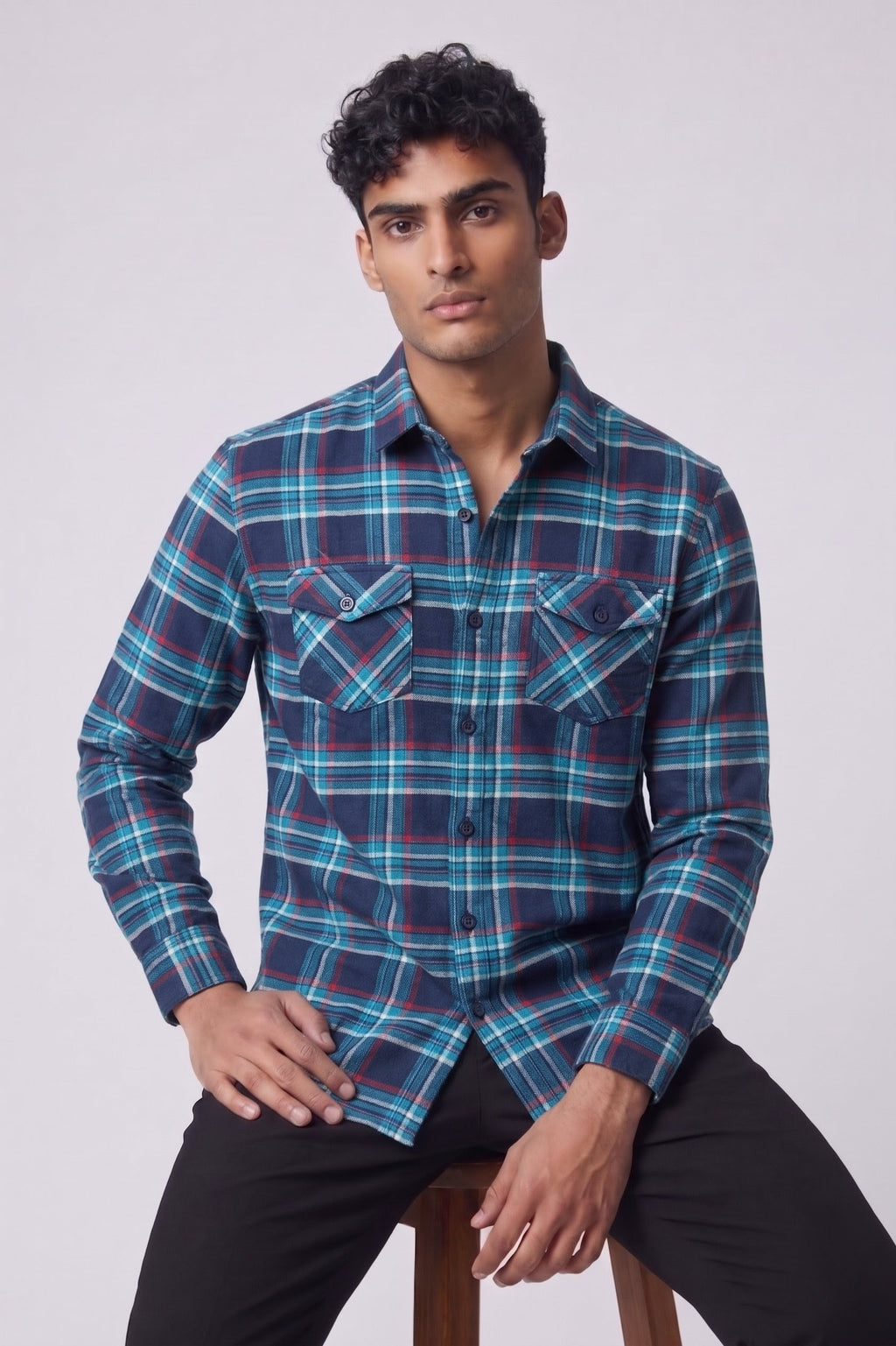 Threaded Teal Navy Check Double Pocket Shirt