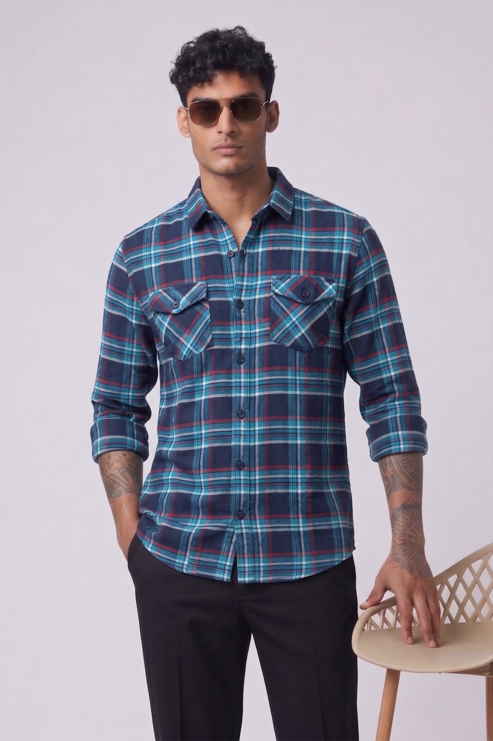 Threaded Teal Navy Check Double Pocket Shirt