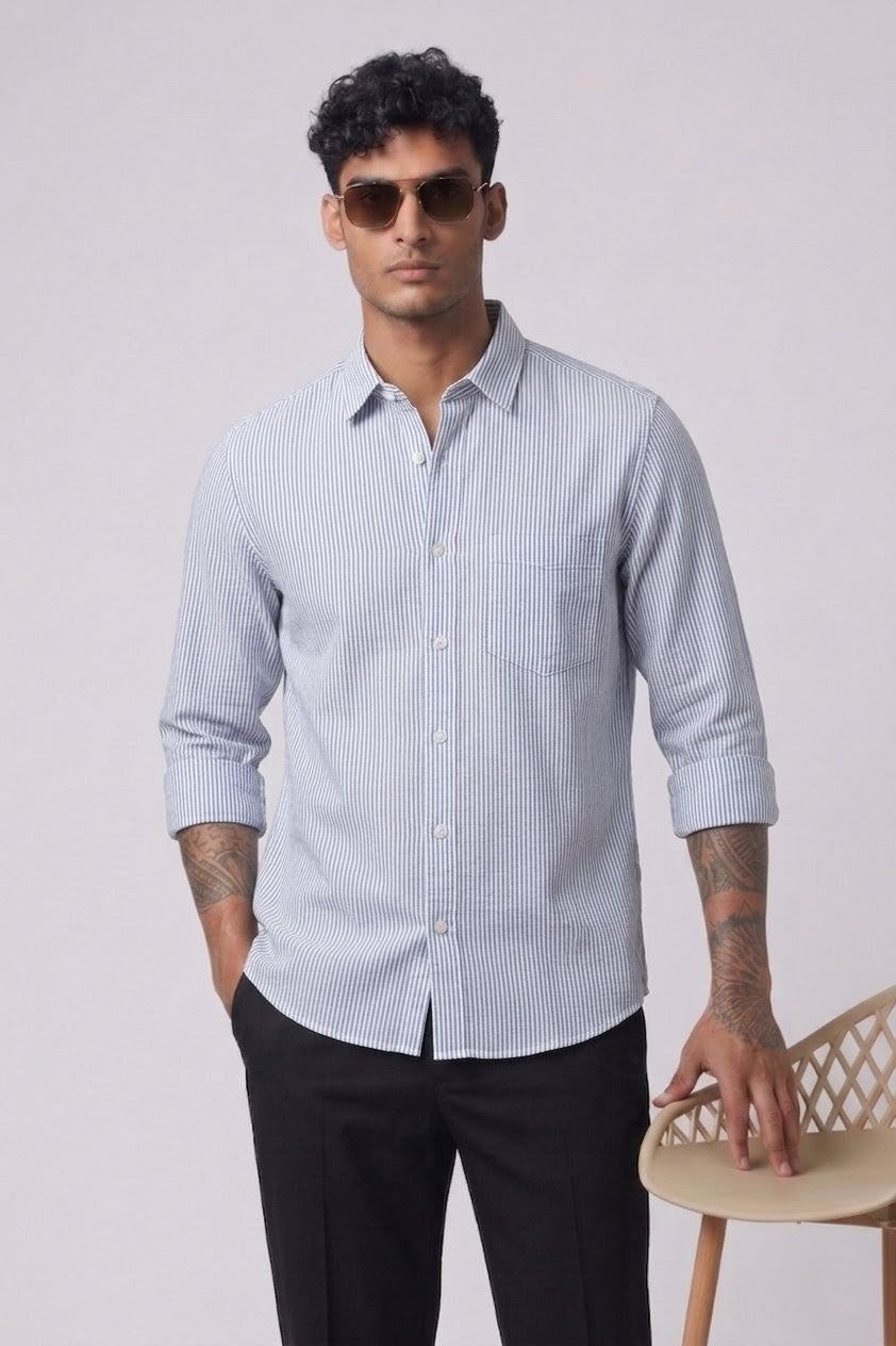 Threaded Ice Blue Stripe Cotton Shirt