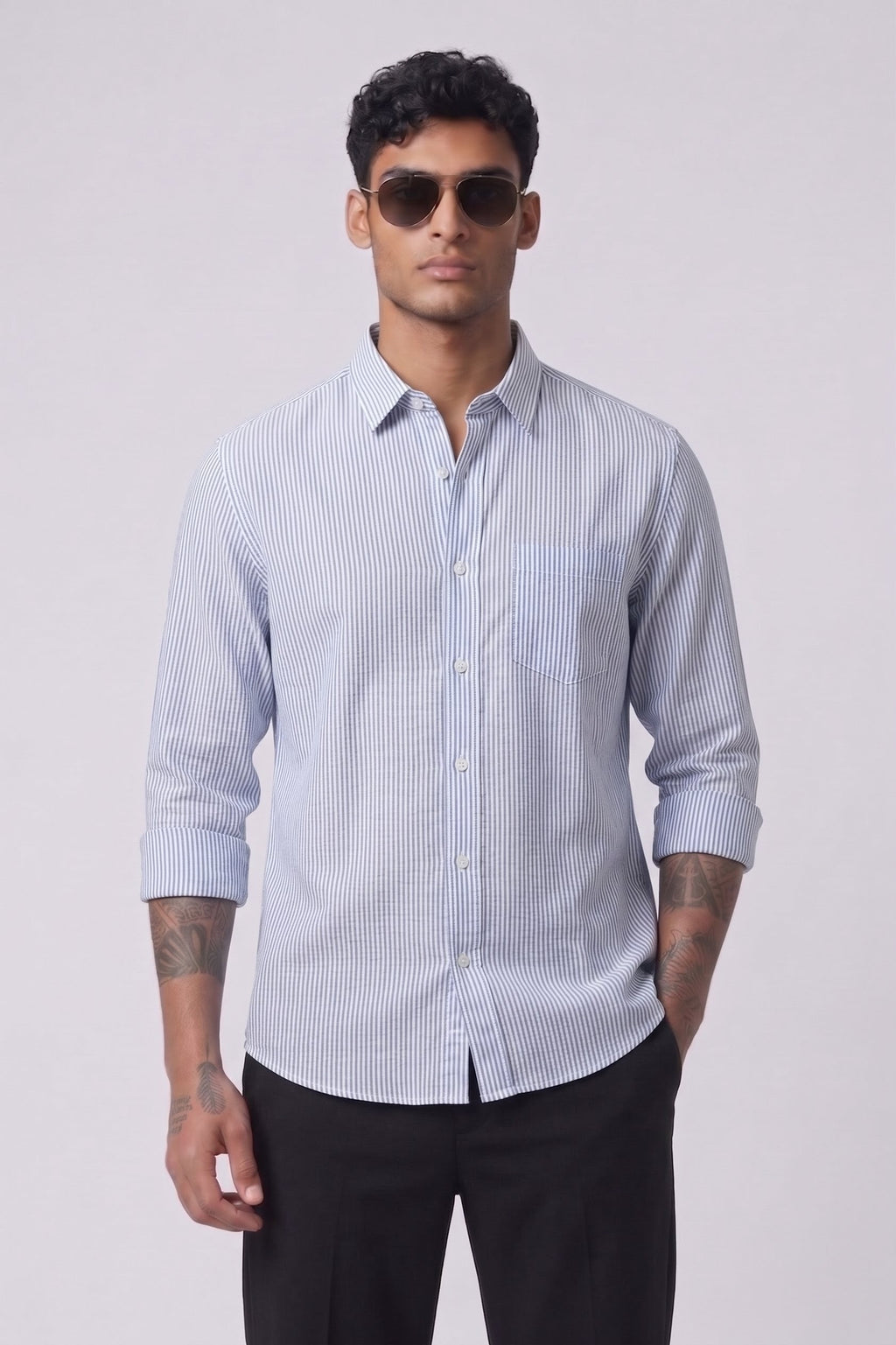 Threaded Ice Blue Stripe Cotton Shirt