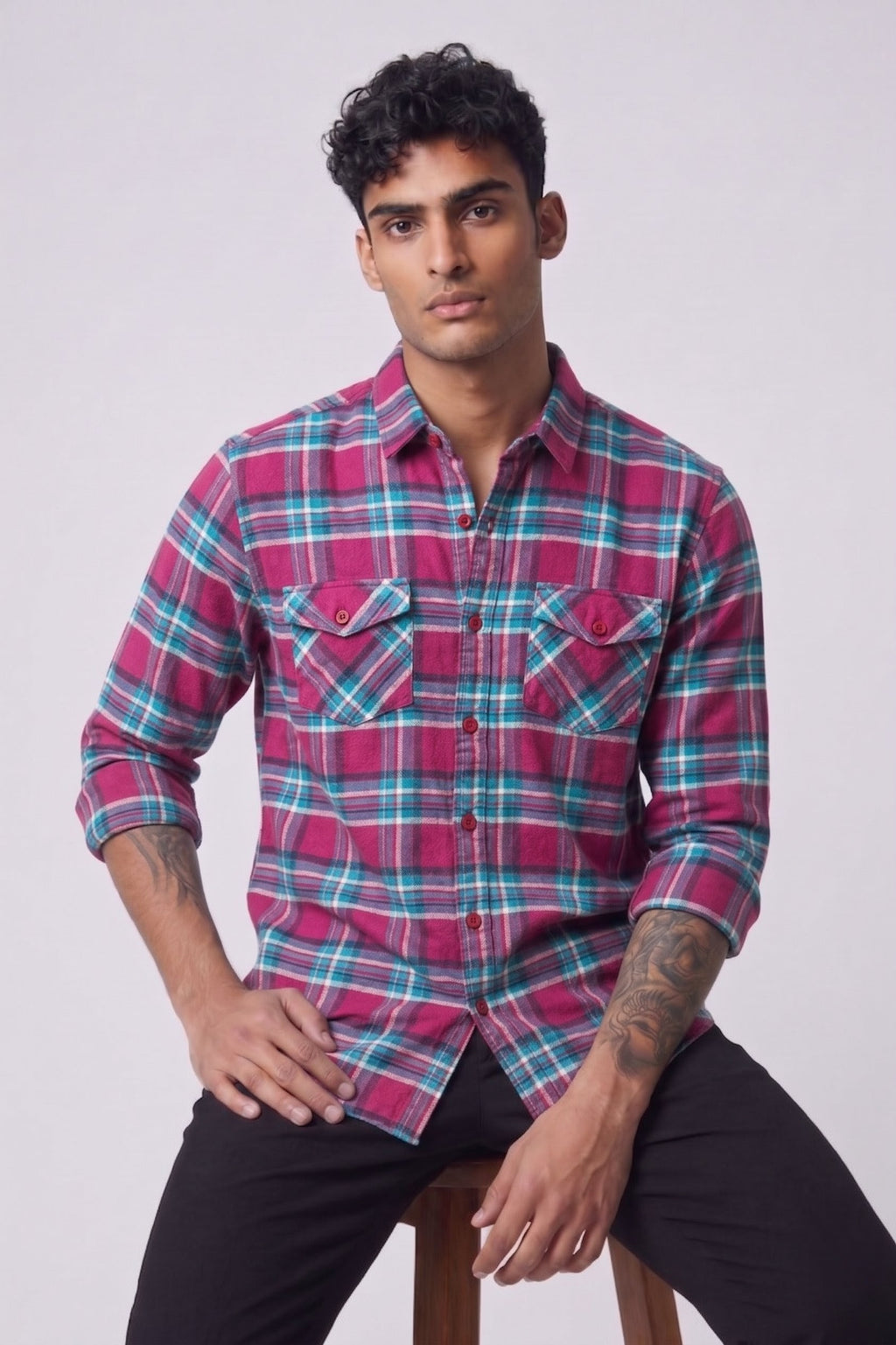 Threaded Pink Multi Check Double Pocket Shirt
