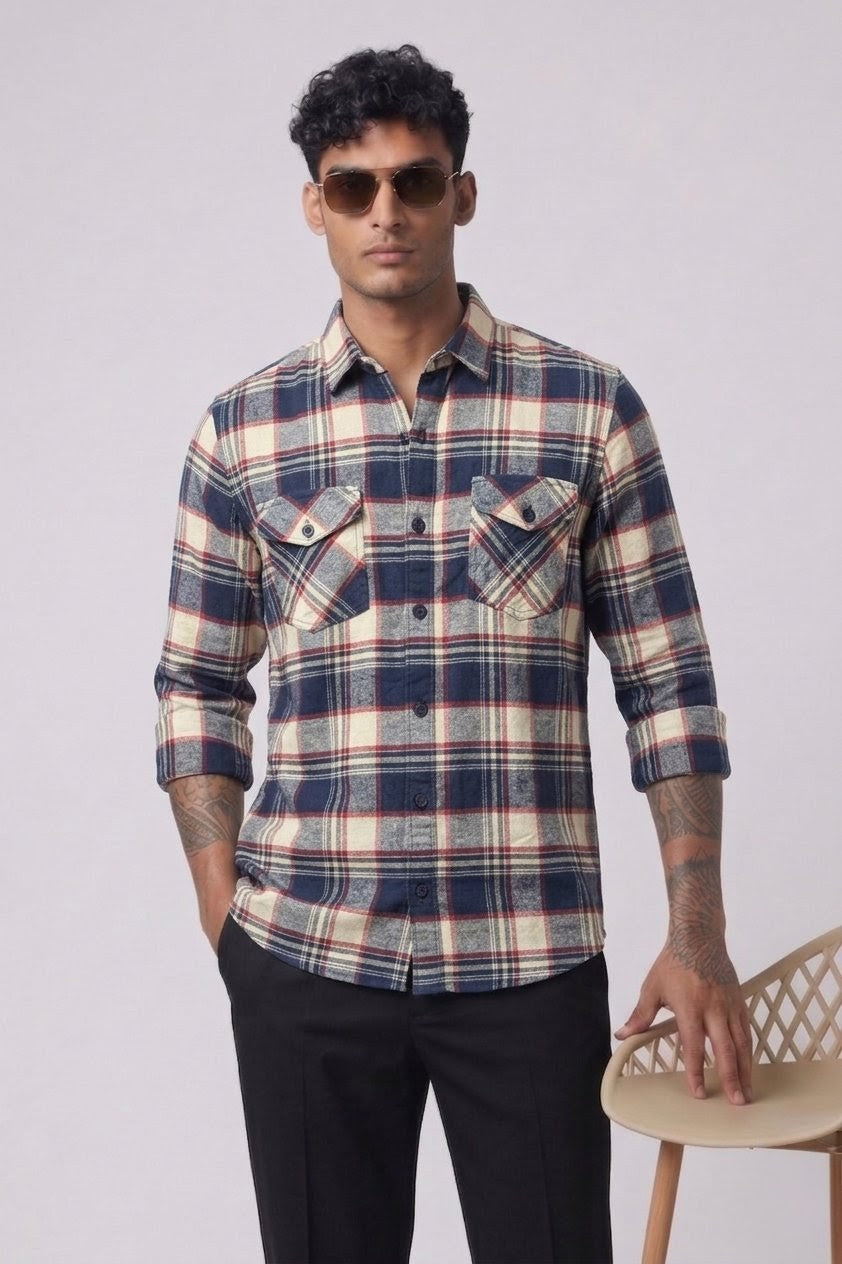Threaded Navy Check Double Pocket Shirt