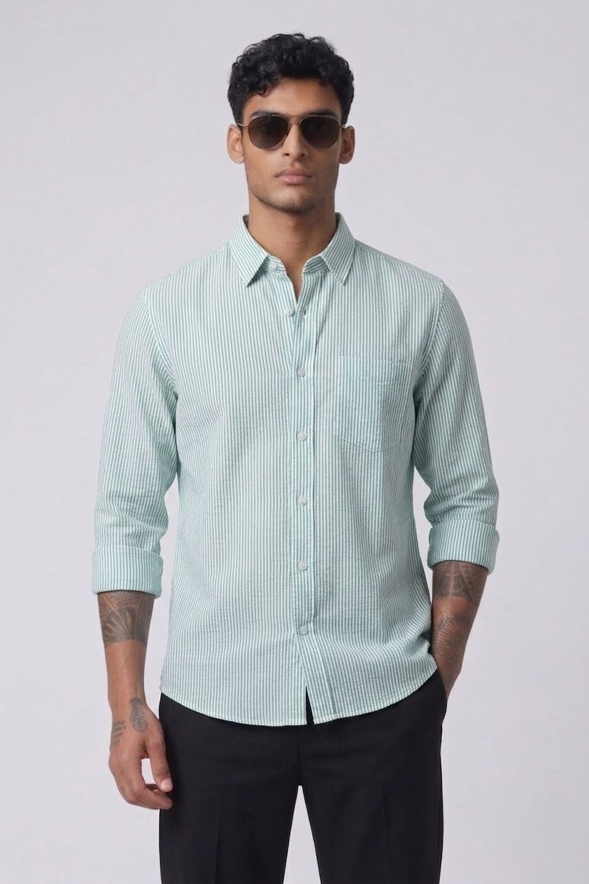 Threaded Fossil Green Micro Stripe Cotton Shirt