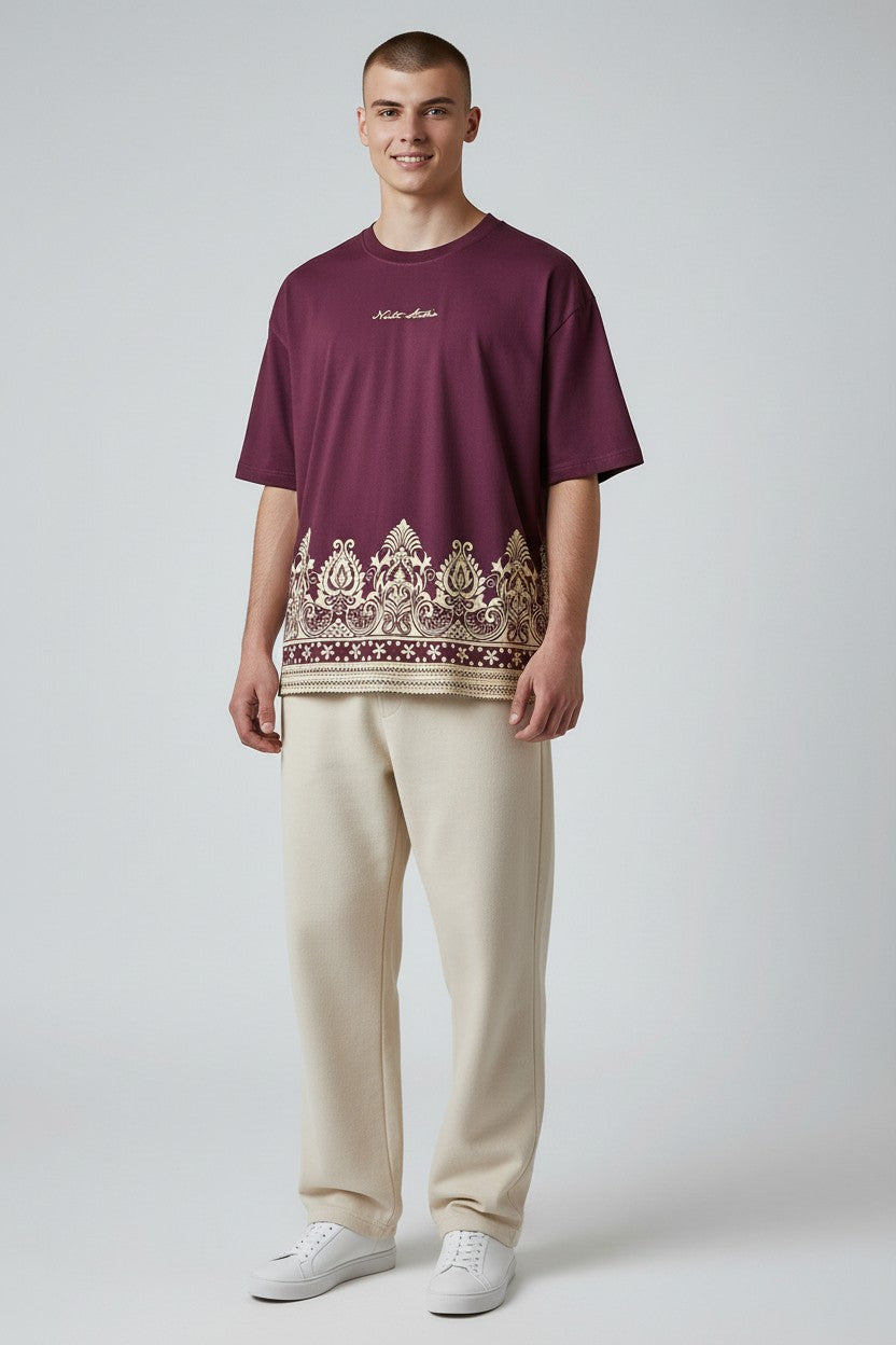Threaded Paisley Hem Oversized Tee - Burgundy