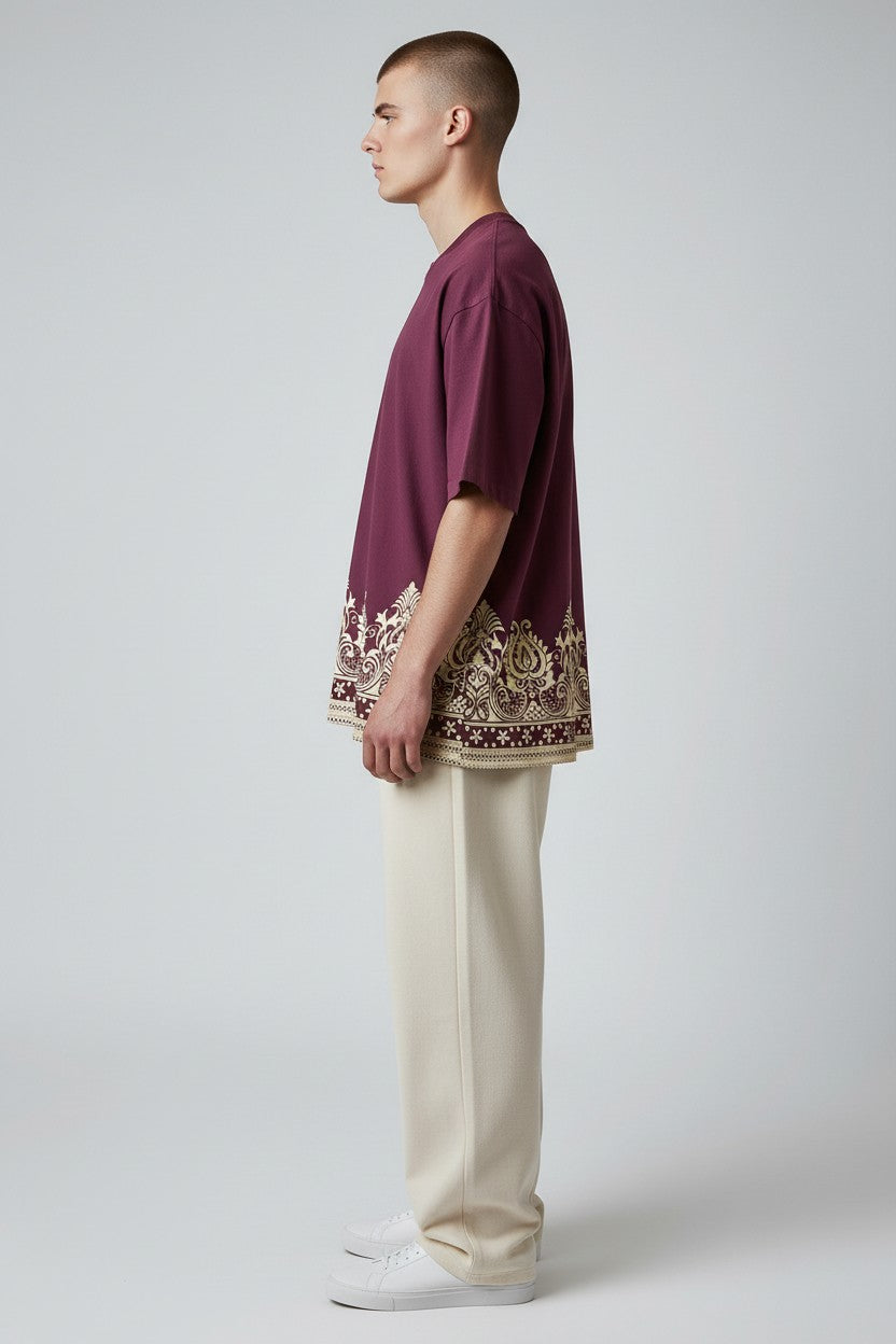 Threaded Paisley Hem Oversized Tee - Burgundy