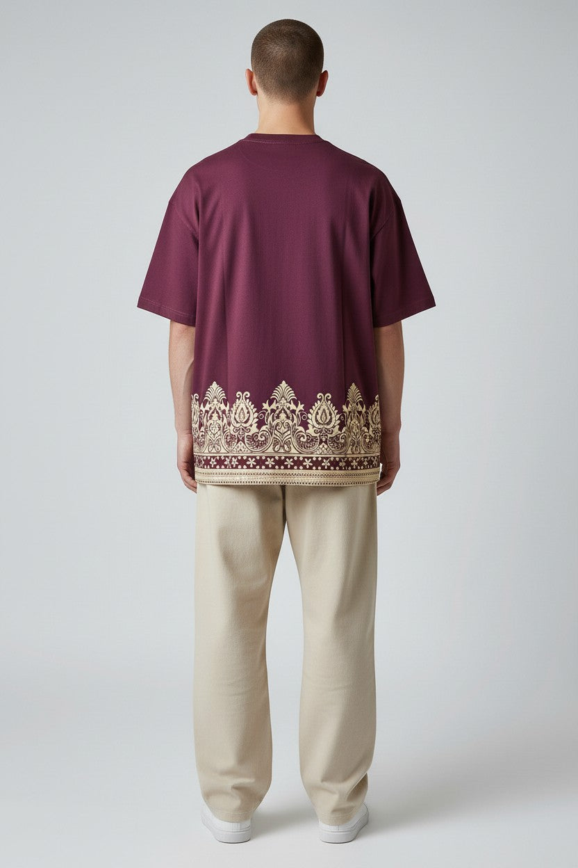 Threaded Paisley Hem Oversized Tee - Burgundy