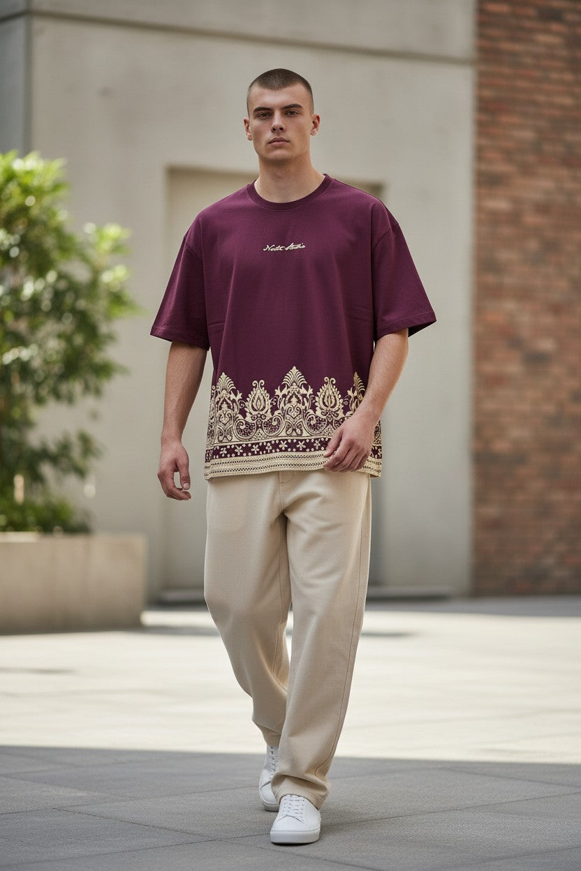 Threaded Paisley Hem Oversized Tee - Burgundy