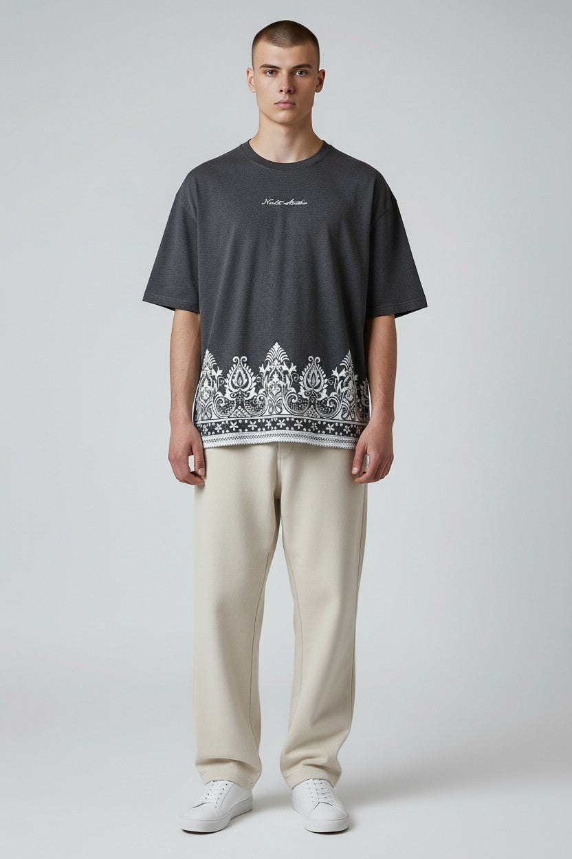 Threaded Paisley Hem Oversized Tee - Anthracite