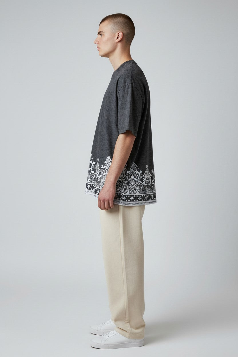 Threaded Paisley Hem Oversized Tee - Anthracite