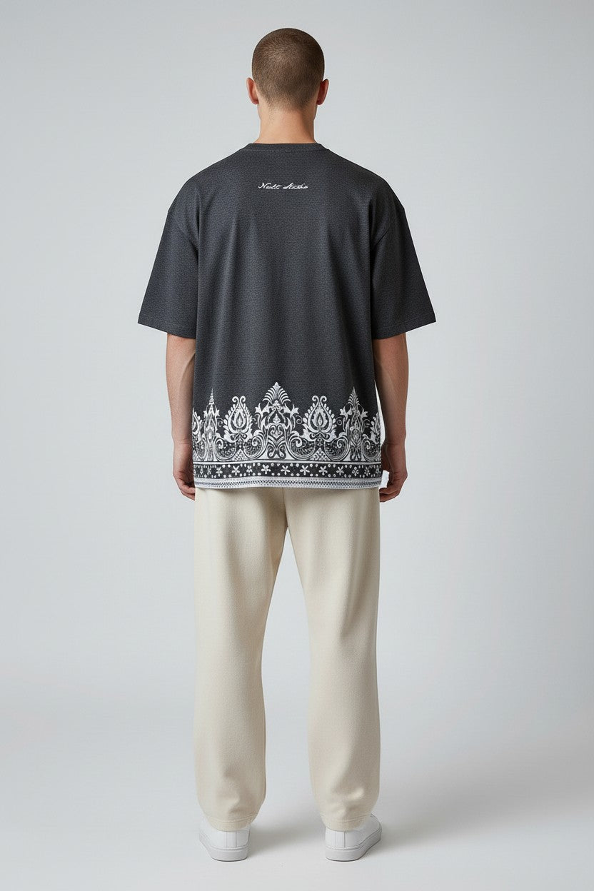 Threaded Paisley Hem Oversized Tee - Anthracite