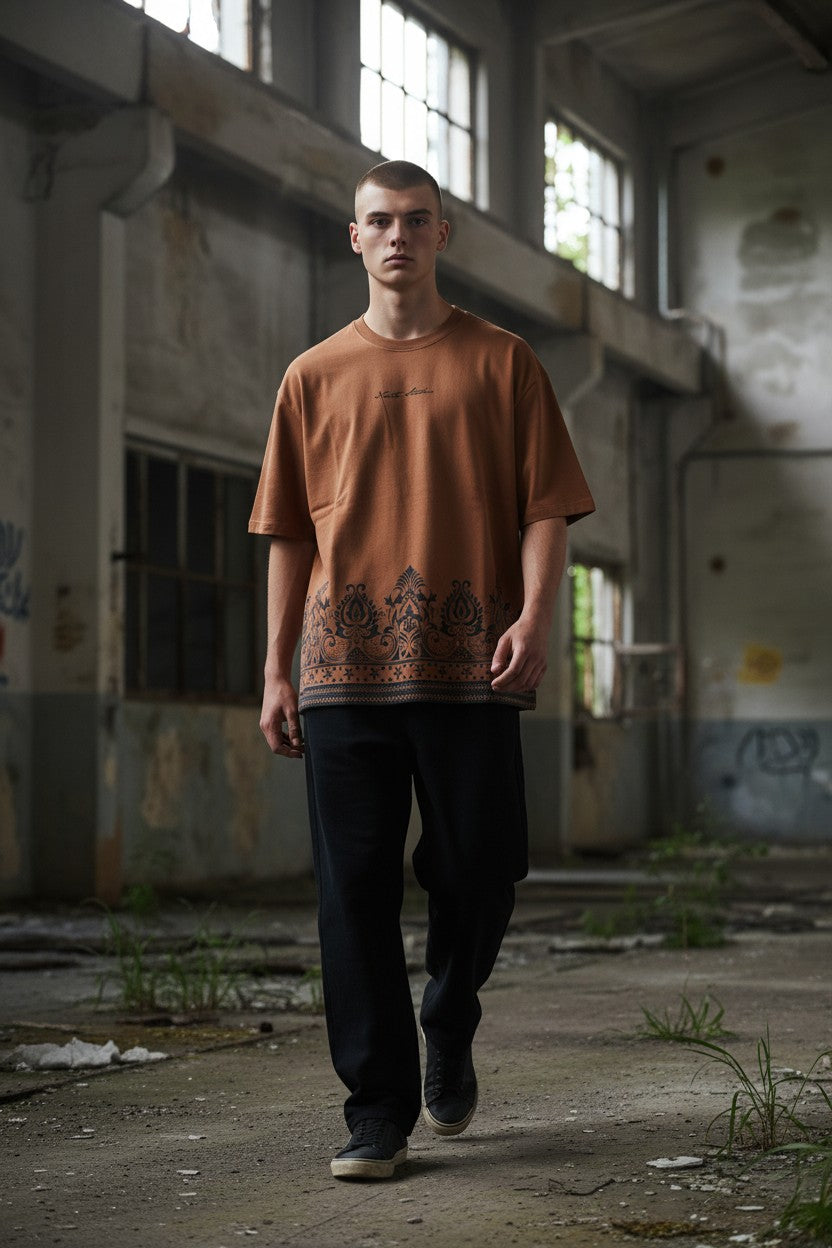 Threaded Paisley Hem Oversized Tee - Rust