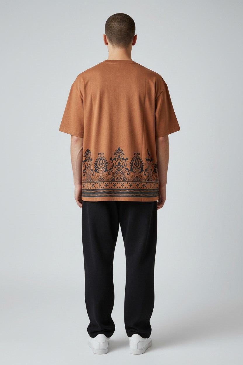 Threaded Paisley Hem Oversized Tee - Rust