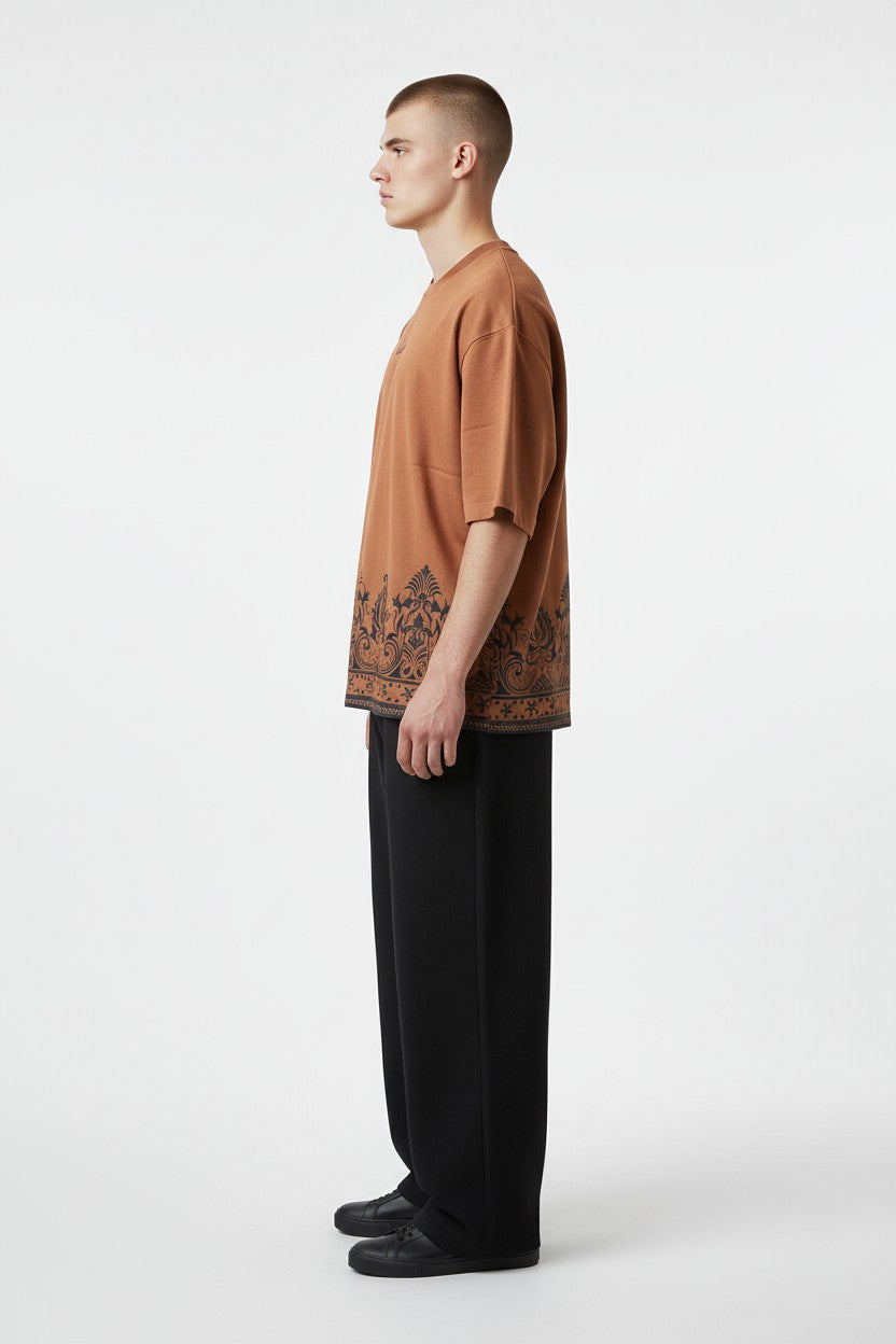 Threaded Paisley Hem Oversized Tee - Rust