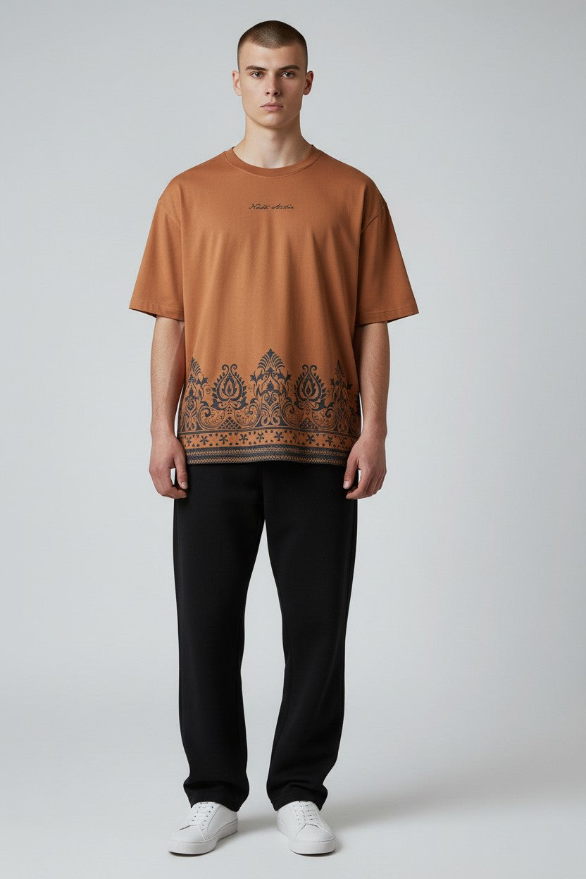 Threaded Paisley Hem Oversized Tee - Rust