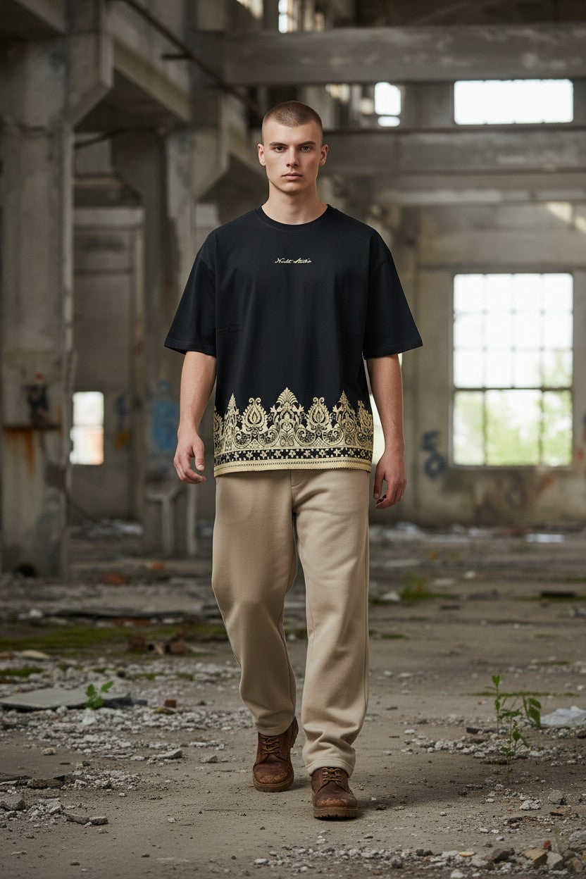 Threaded Paisley Hem Oversized Tee - Midnight Black