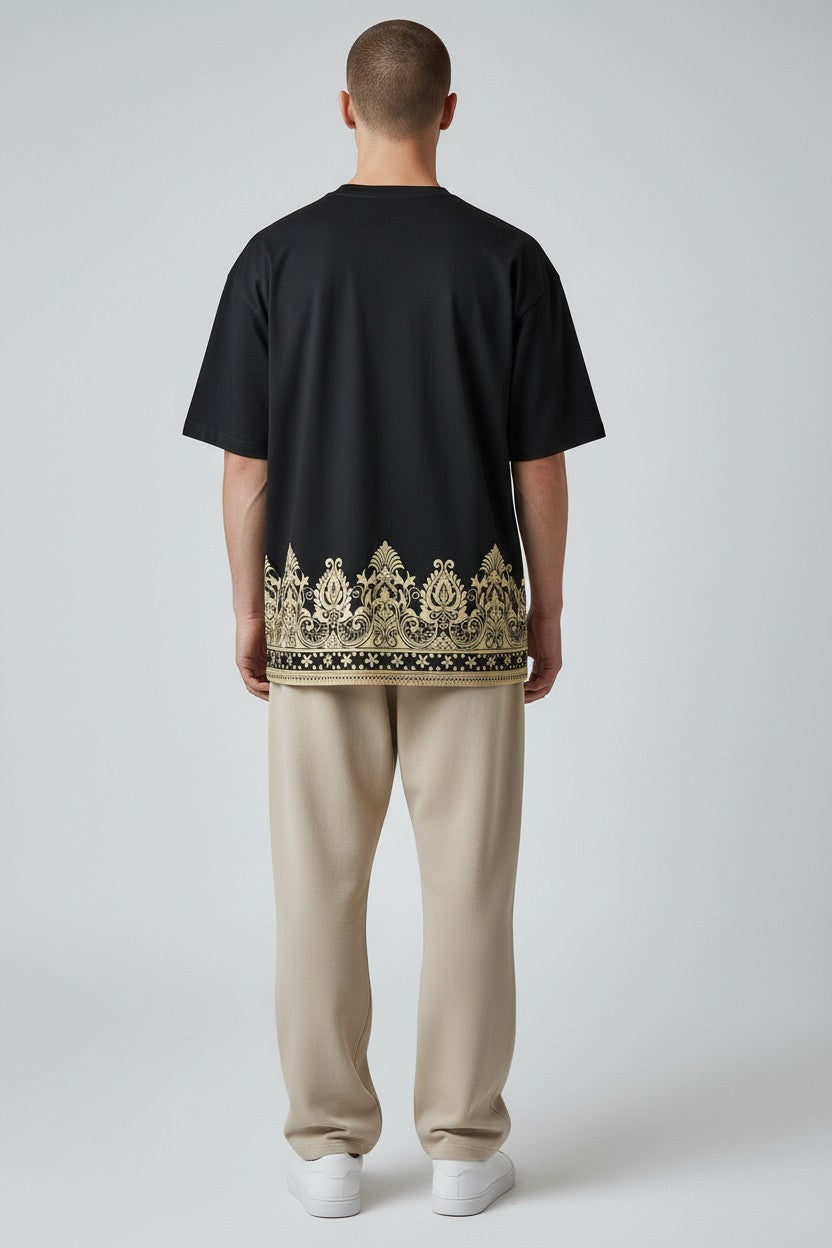 Threaded Paisley Hem Oversized Tee - Midnight Black