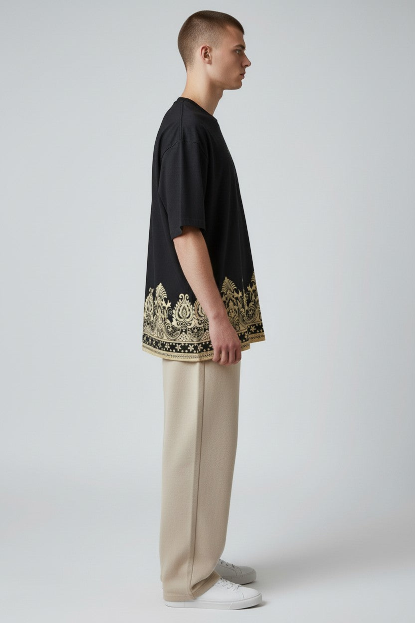 Threaded Paisley Hem Oversized Tee - Midnight Black