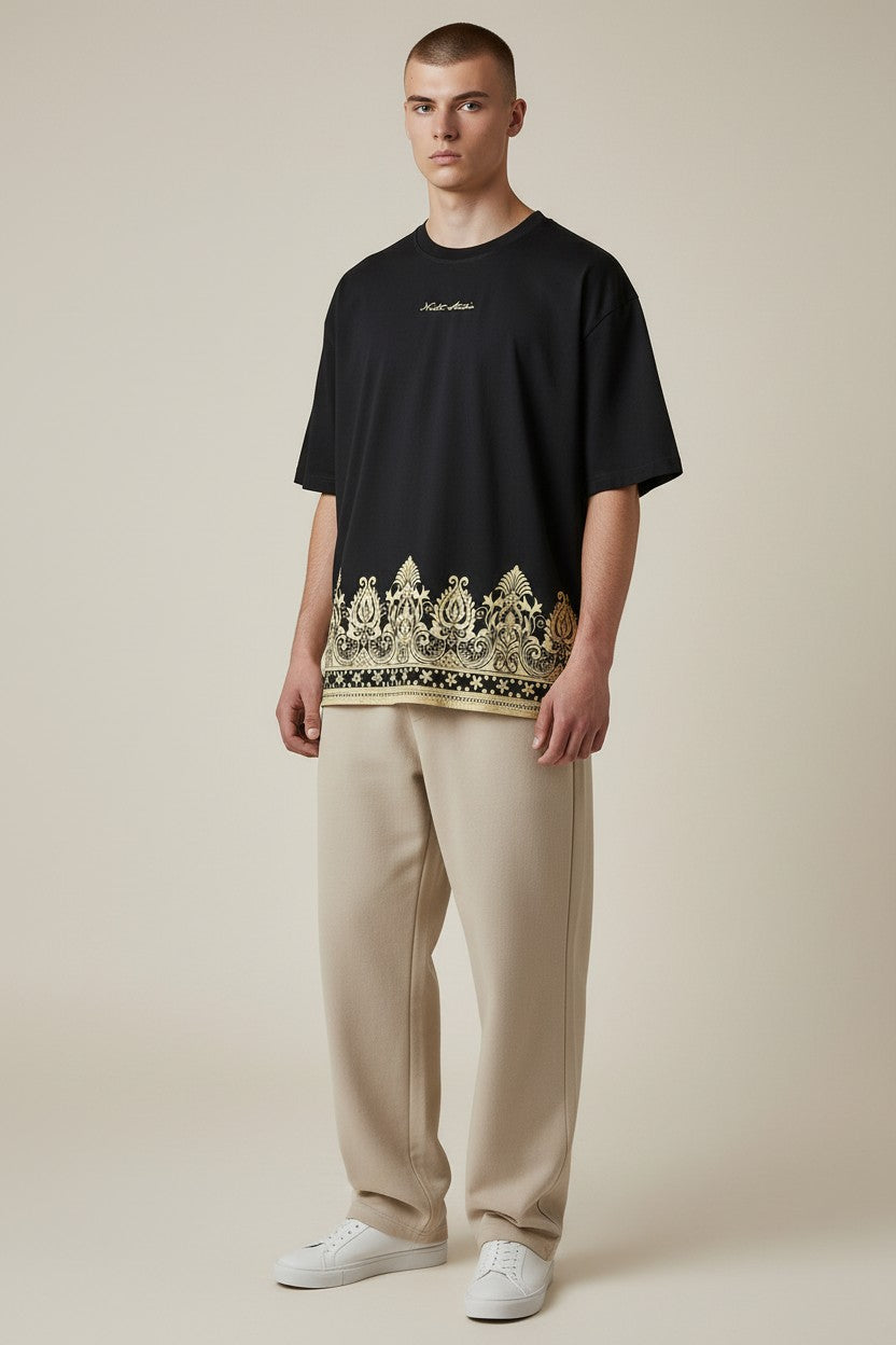 Threaded Paisley Hem Oversized Tee - Midnight Black