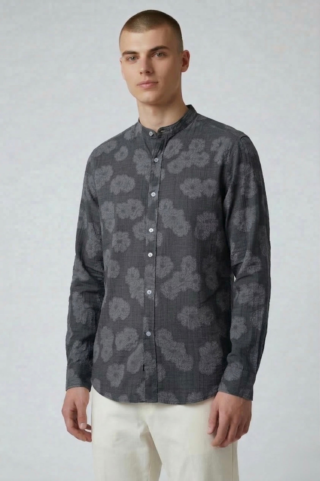 Threaded Charcoal Floral Textured Cotton Shirt