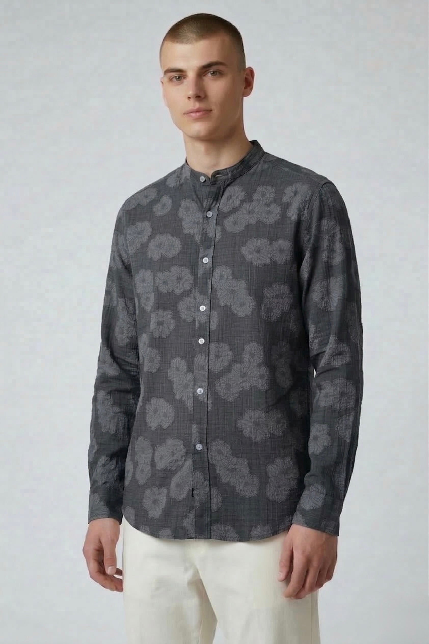 Threaded Charcoal Floral Textured Cotton Shirt