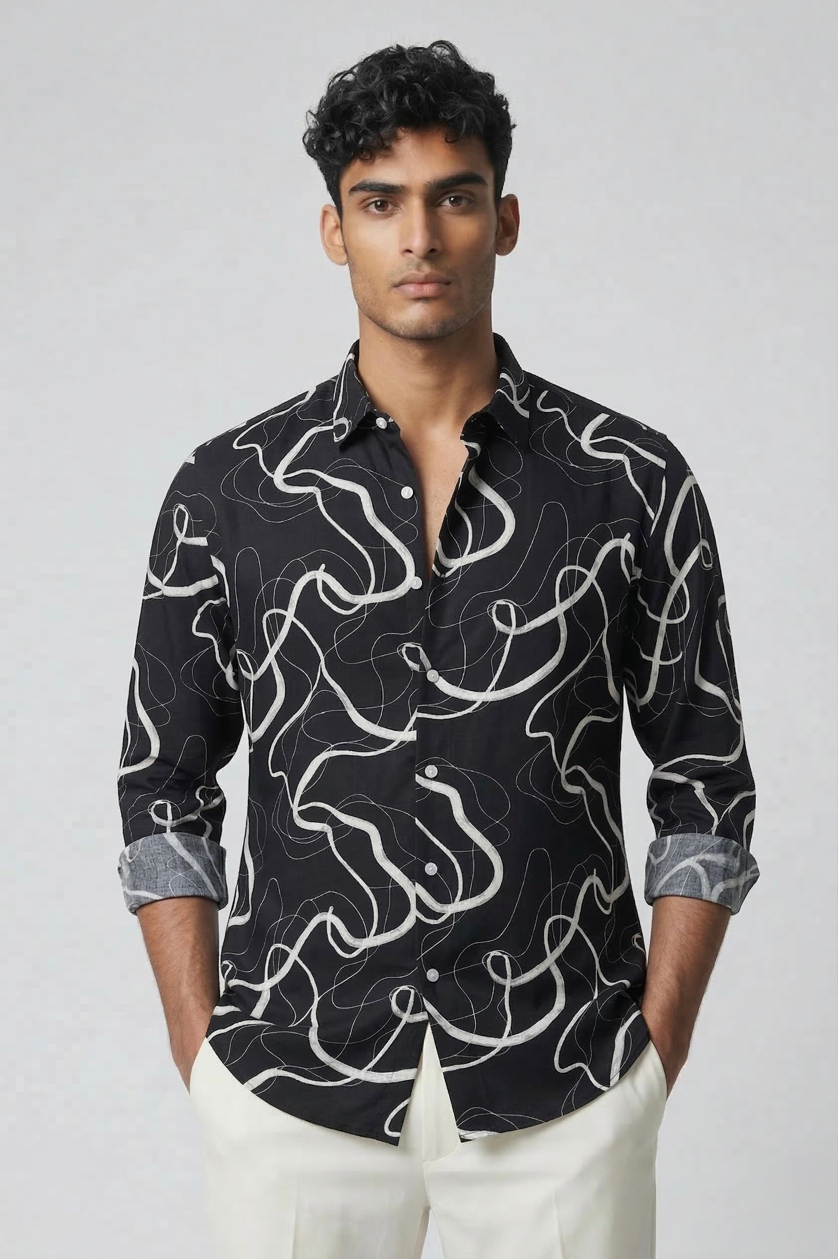 Threaded Black Minimal Line Abstract Rayon Shirt - Modern Streetwear Edition