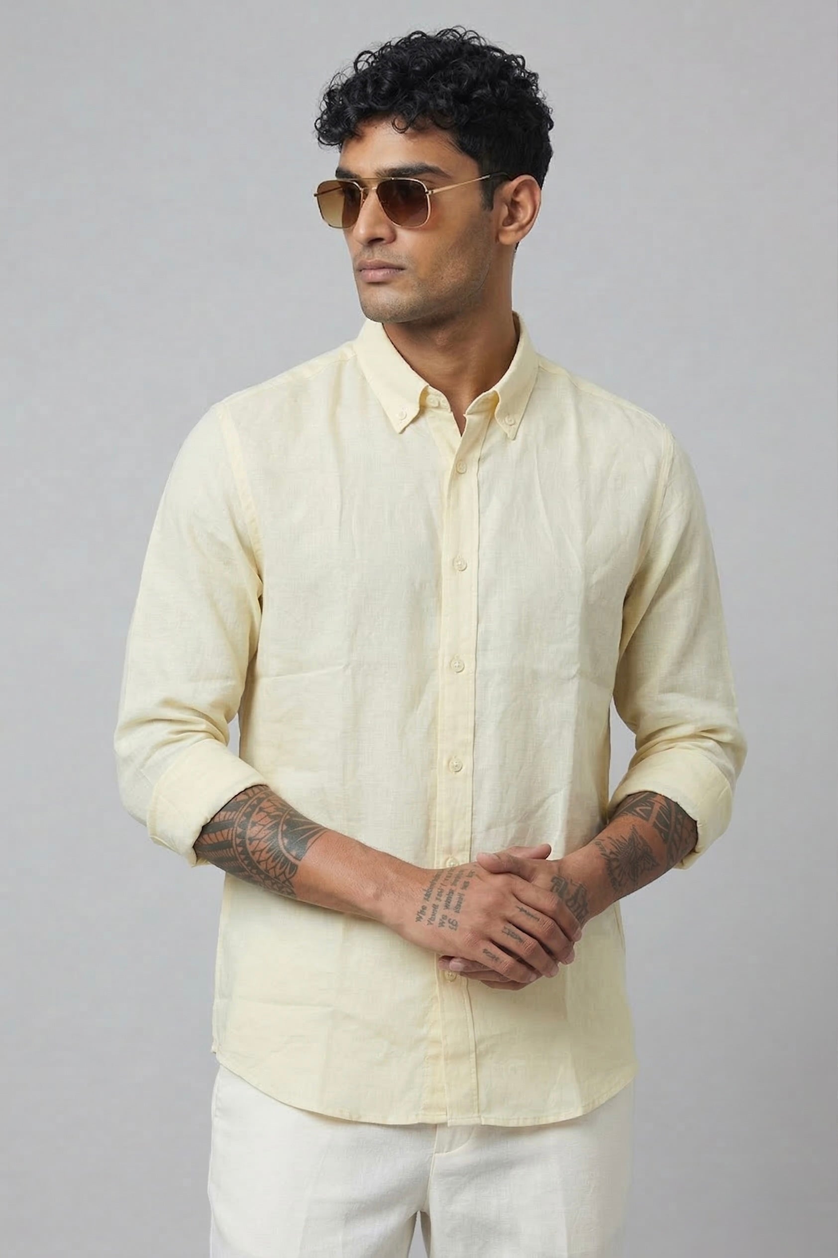 Threaded Light Yellow Linen Shirt