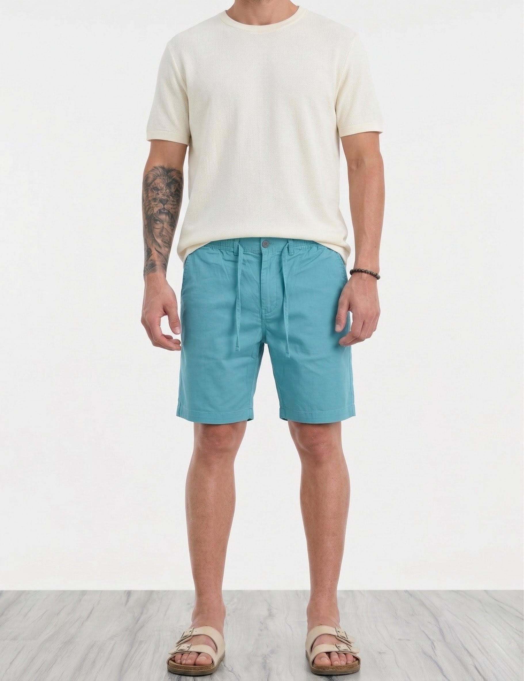 Threaded Aqua Cotton Stretch Shorts
