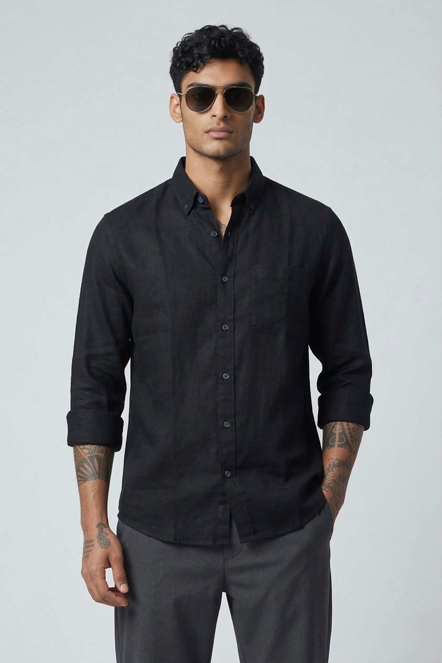 Threaded Black Linen Shirt