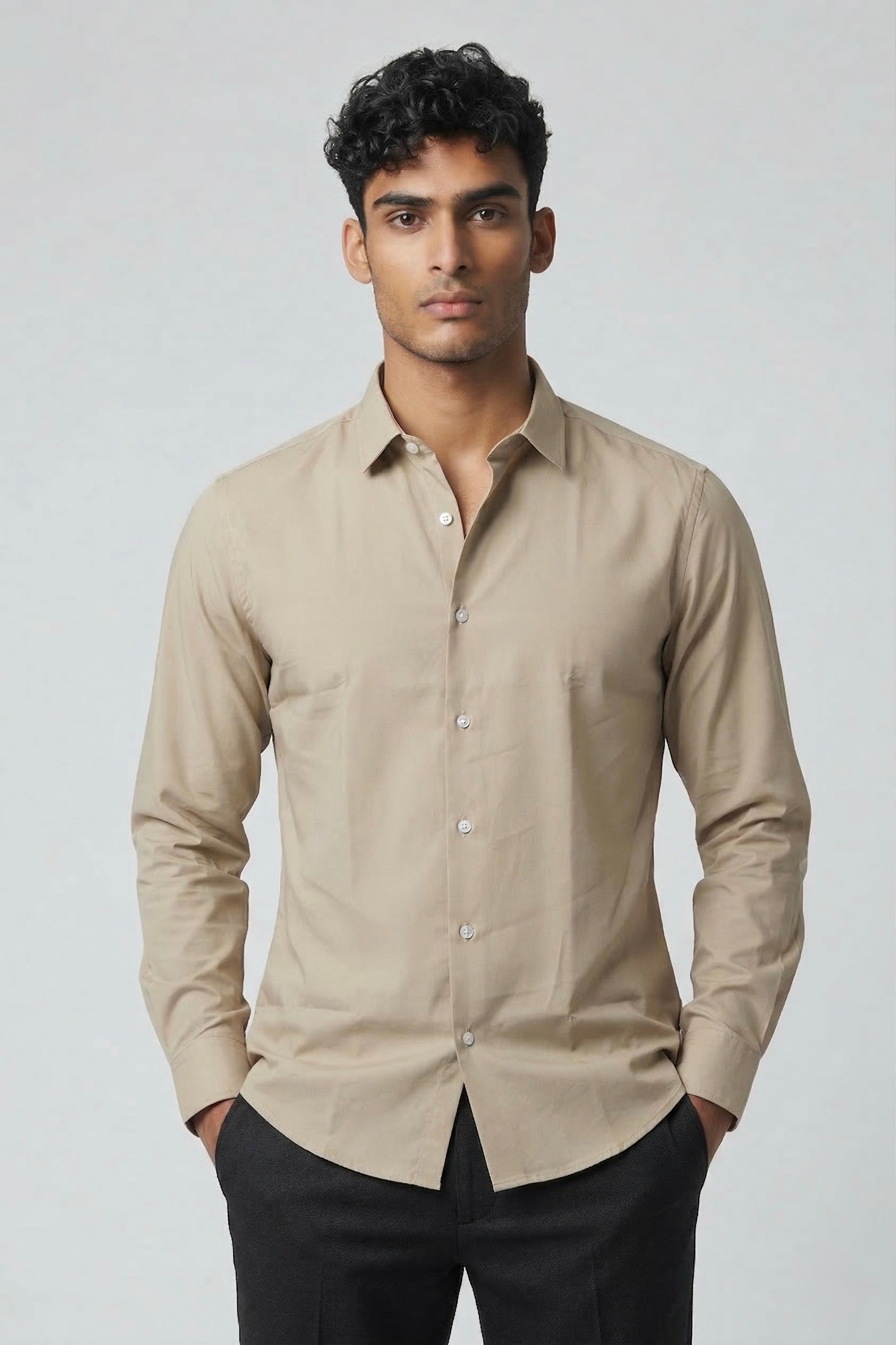 Threaded Beige Armani Fabric Shirt - Premium Minimal Streetwear