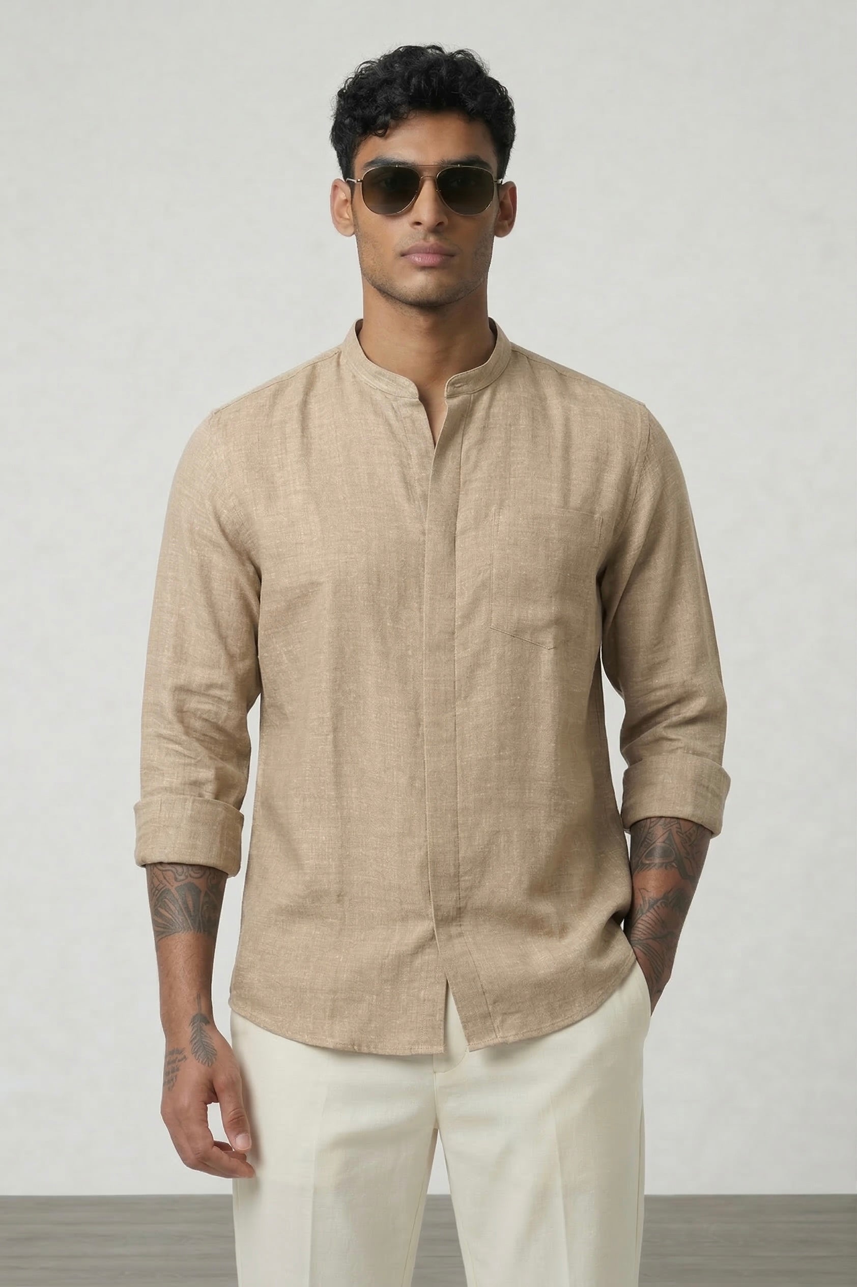 Threaded Desert Sand Linen-Blend Mandarin Shirt