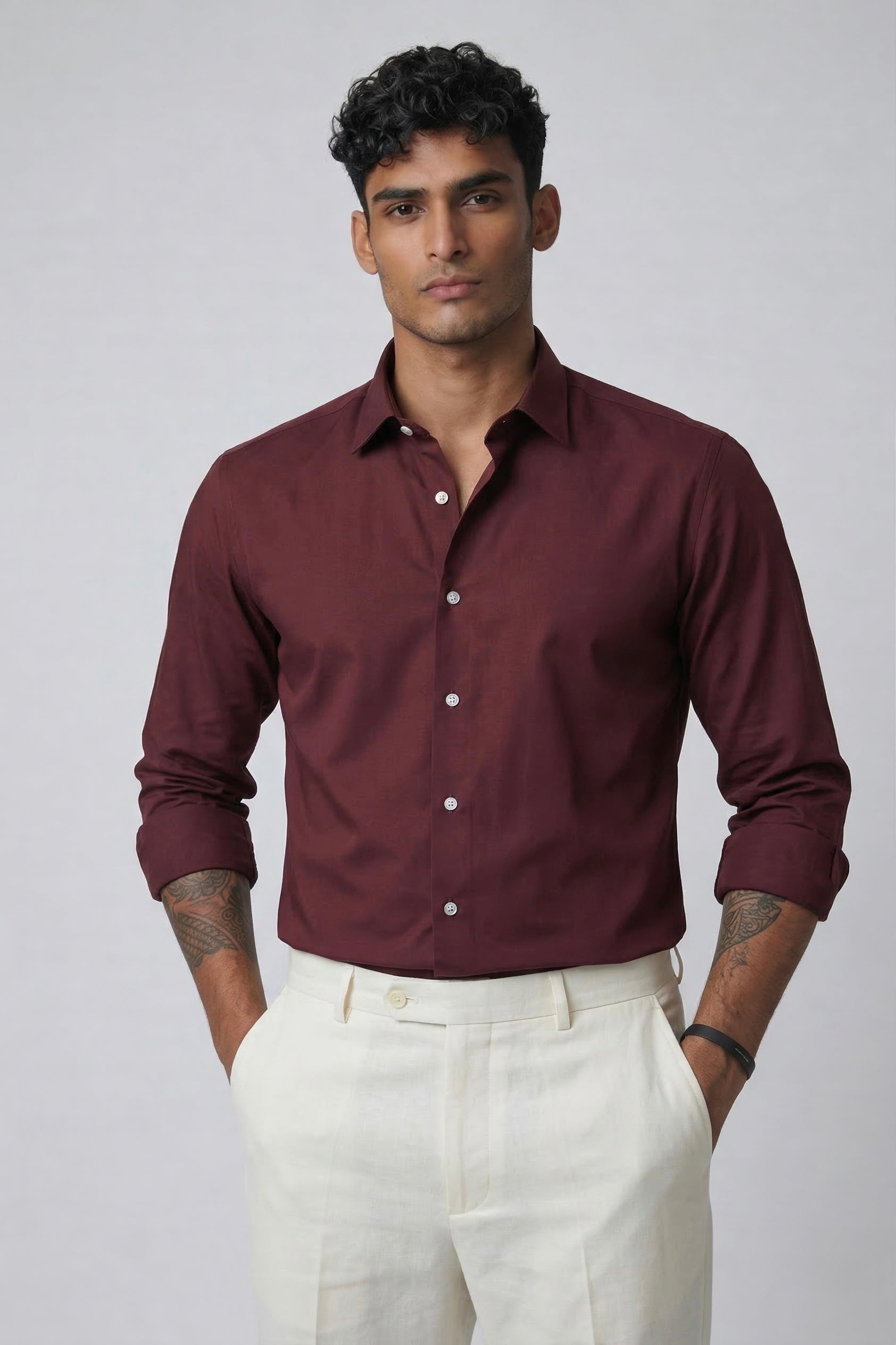 Threaded Burgundy Armani Fabric Shirt - Premium Minimal Streetwear
