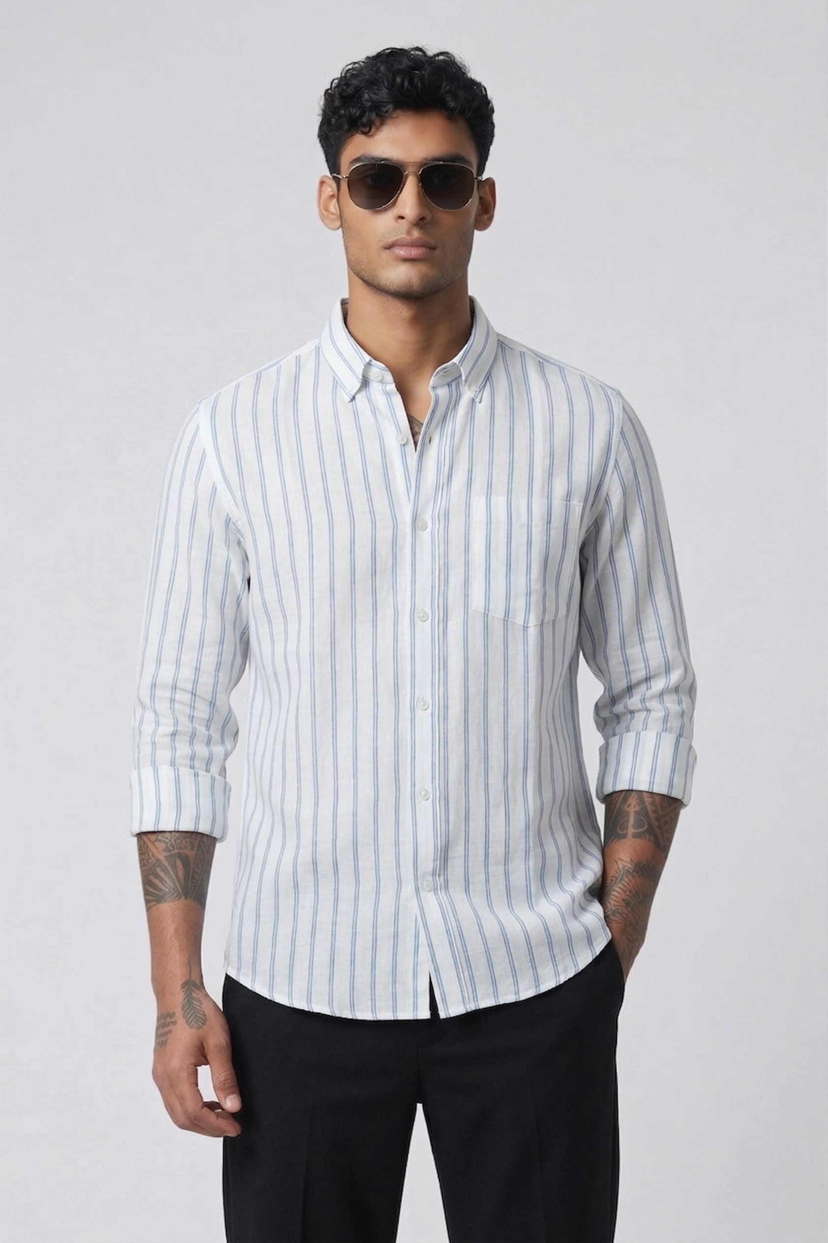 Threaded Sky Blue Stripe Linen Cotton Shirt