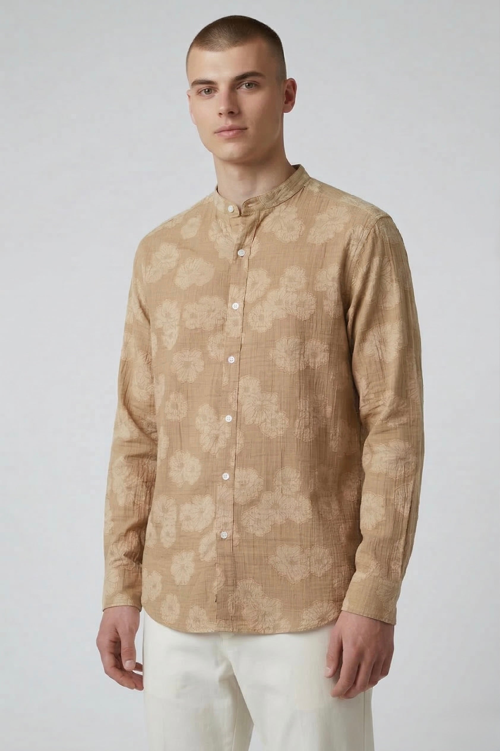 Threaded Beige Floral Textured Cotton Shirt