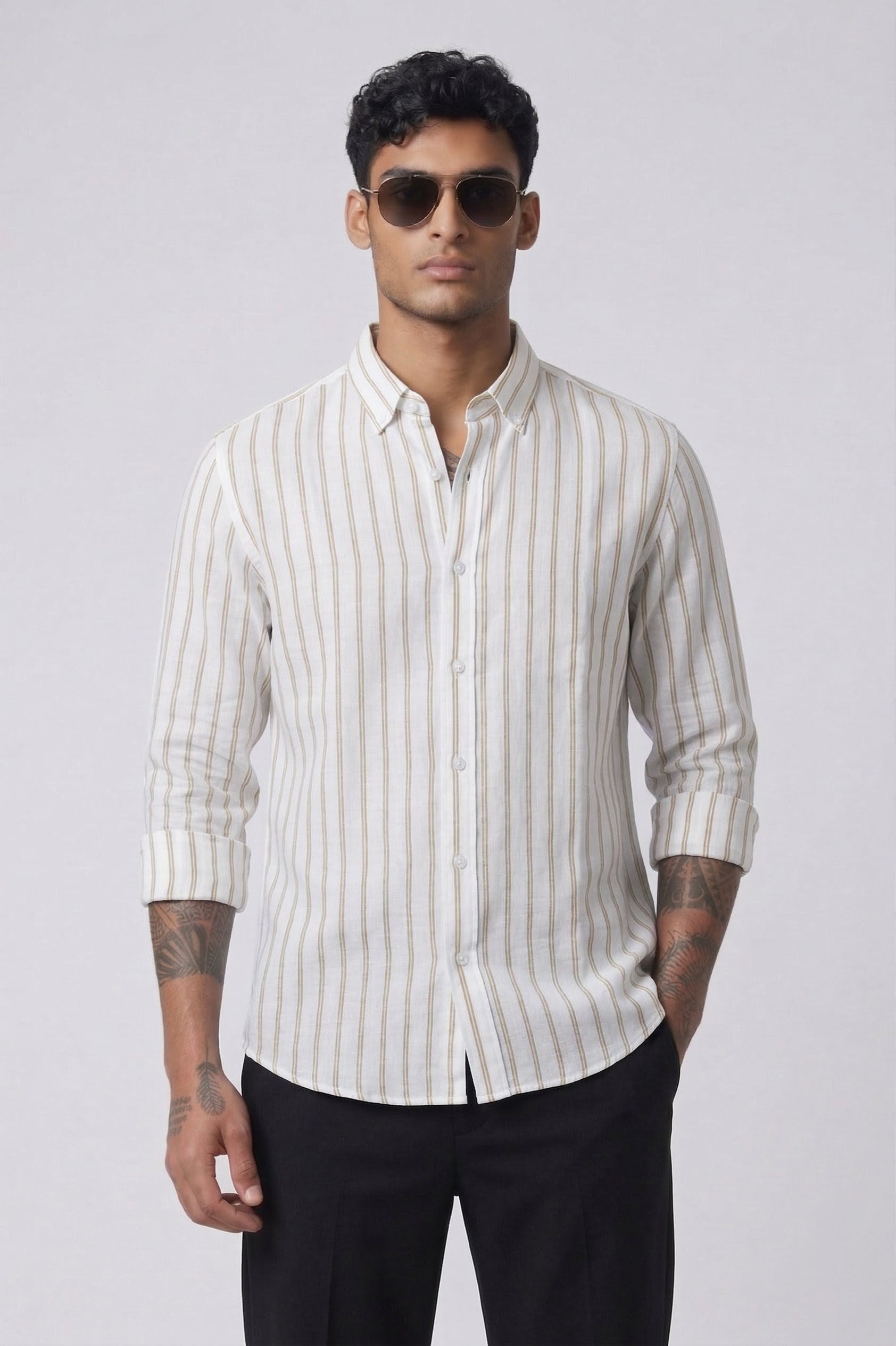Threaded Beige Stripe Linen Cotton Shirt
