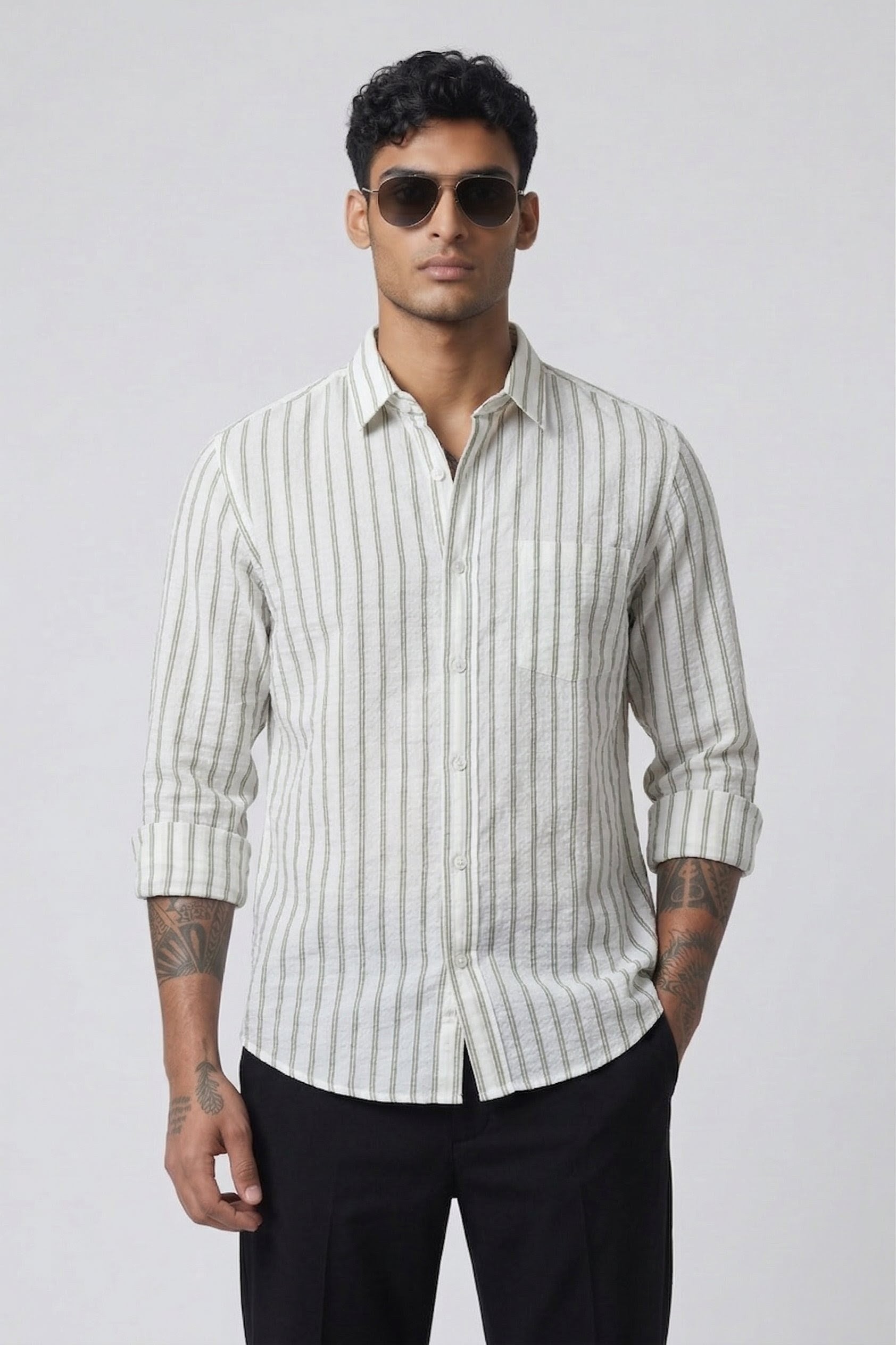 Threaded Olive Stripe Linen Cotton Shirt
