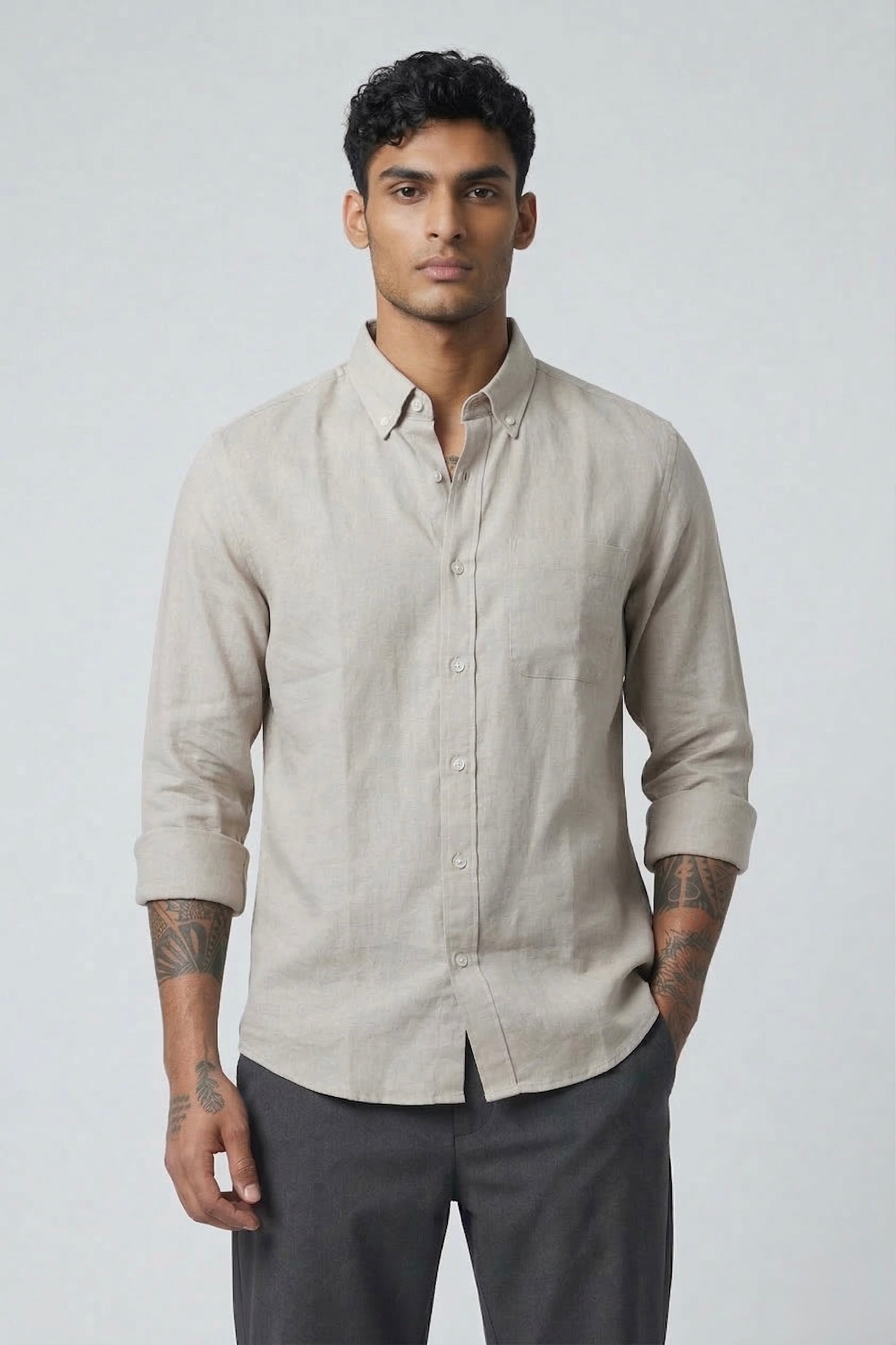 Threaded Beige Linen Shirt