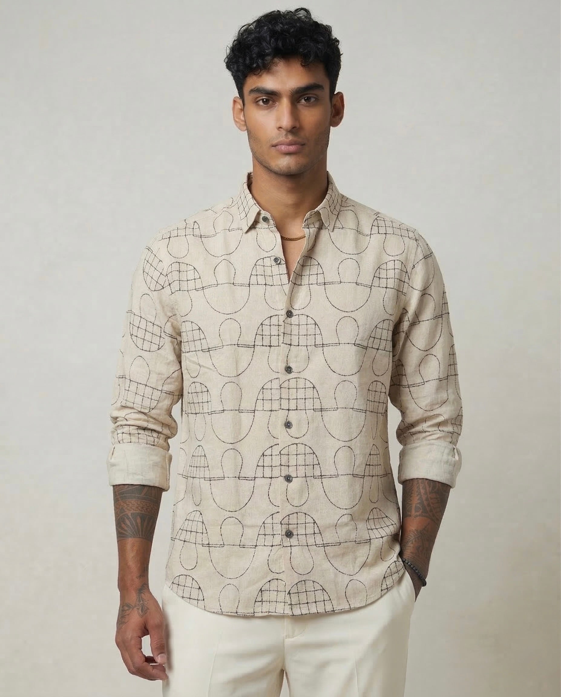 Threaded Geometric Embroidered Cotton Shirt - Premium Textured Streetwear