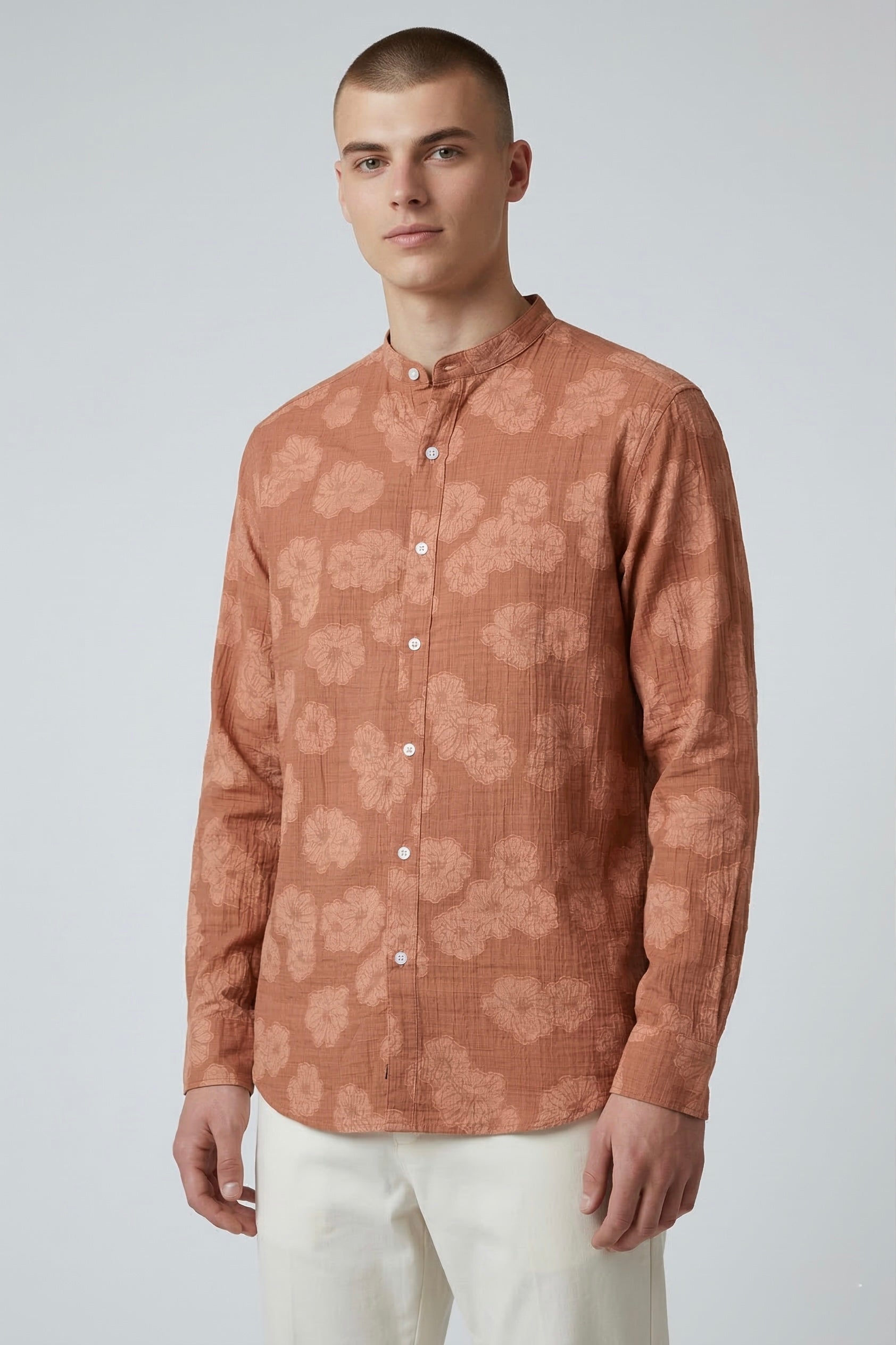 Threaded Rust Floral Textured Cotton Shirt
