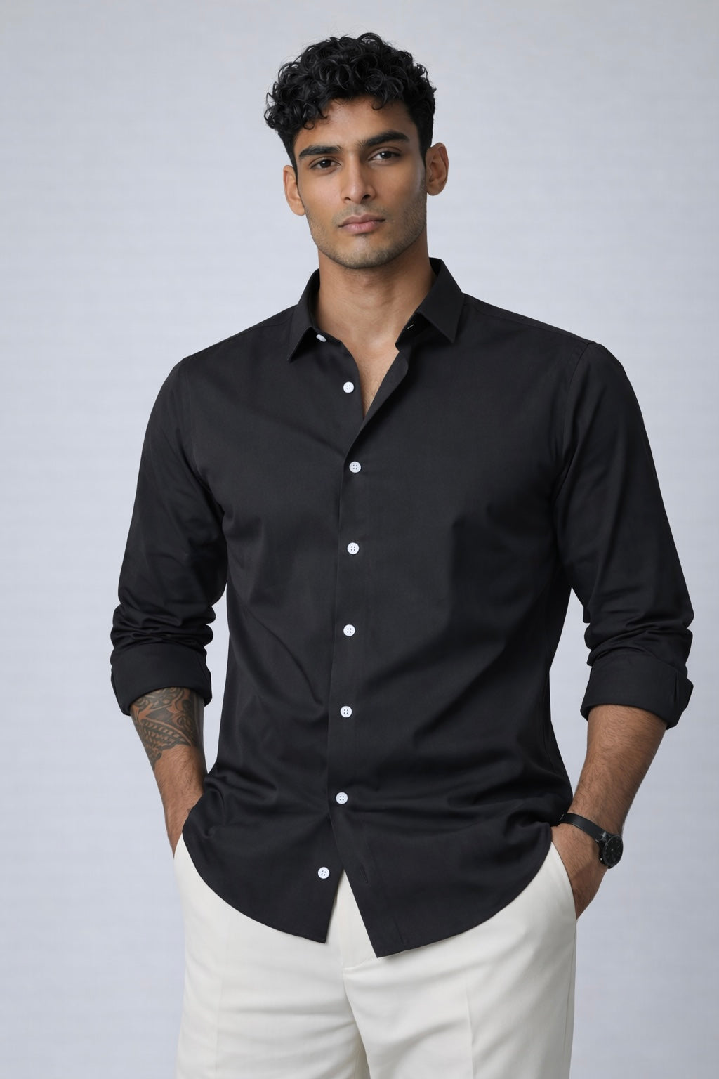 Threaded Black Armani Fabric Shirt - Premium Minimal Streetwear