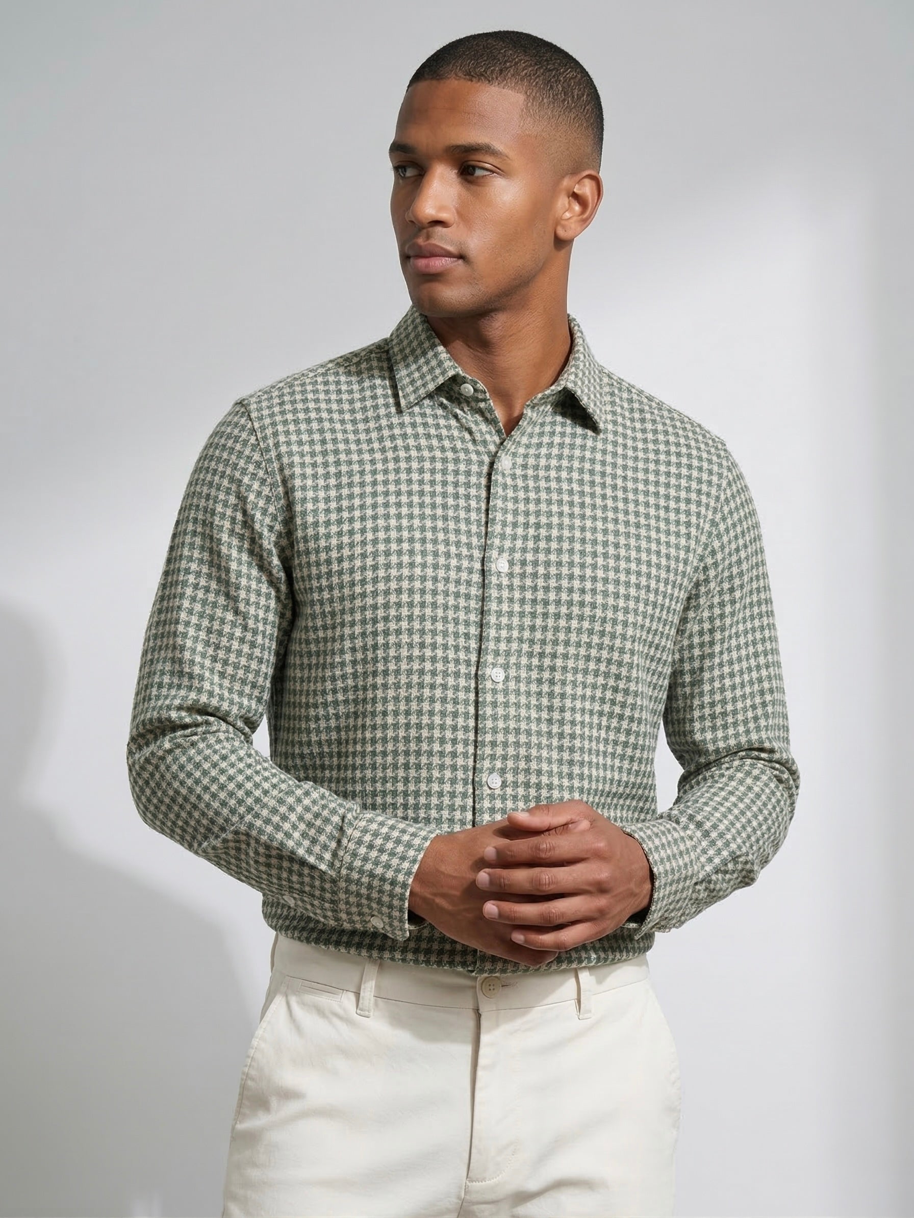 Threaded Brushed Check Shirt - Olive Beige Regular Fit