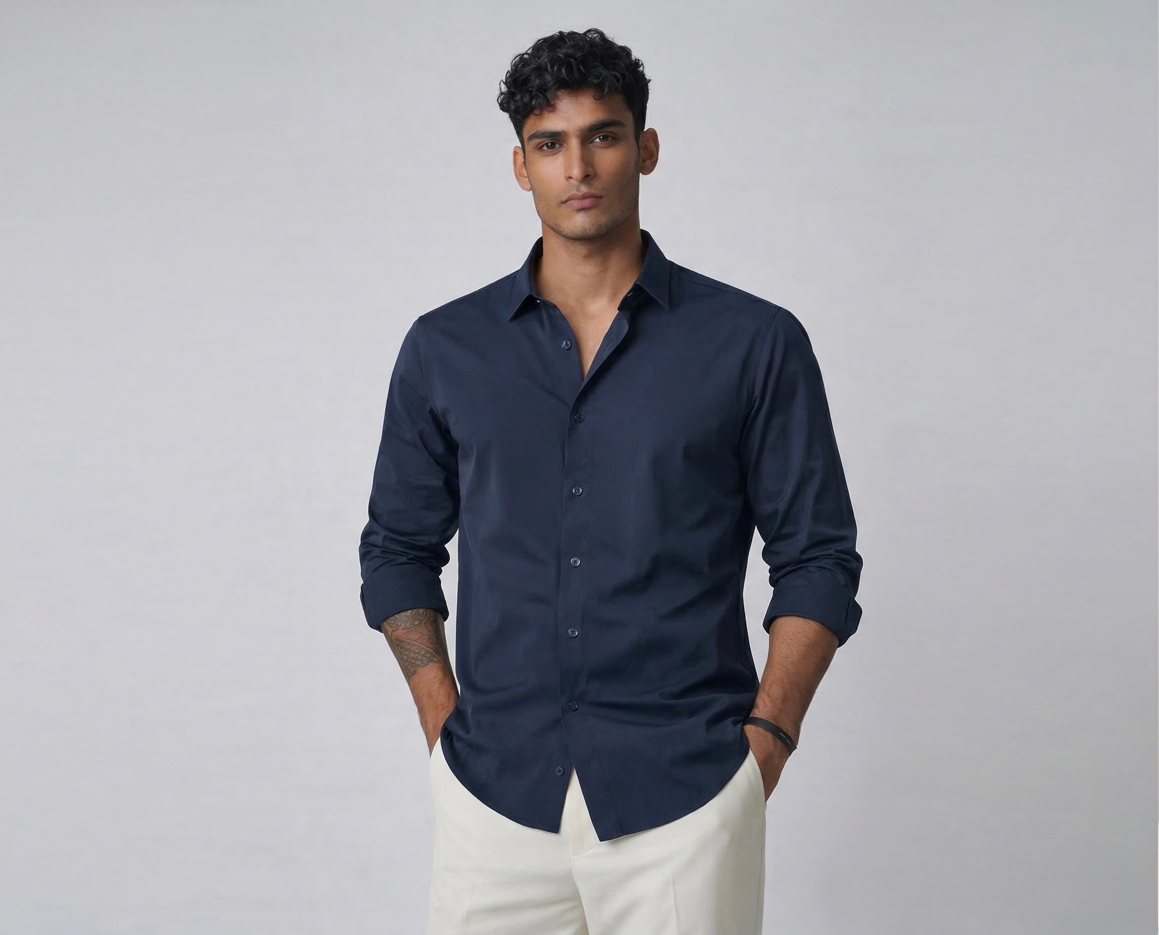 Men’s Navy Blue Armani Fabric Regular Fit Shirt – Premium Minimal Streetwear